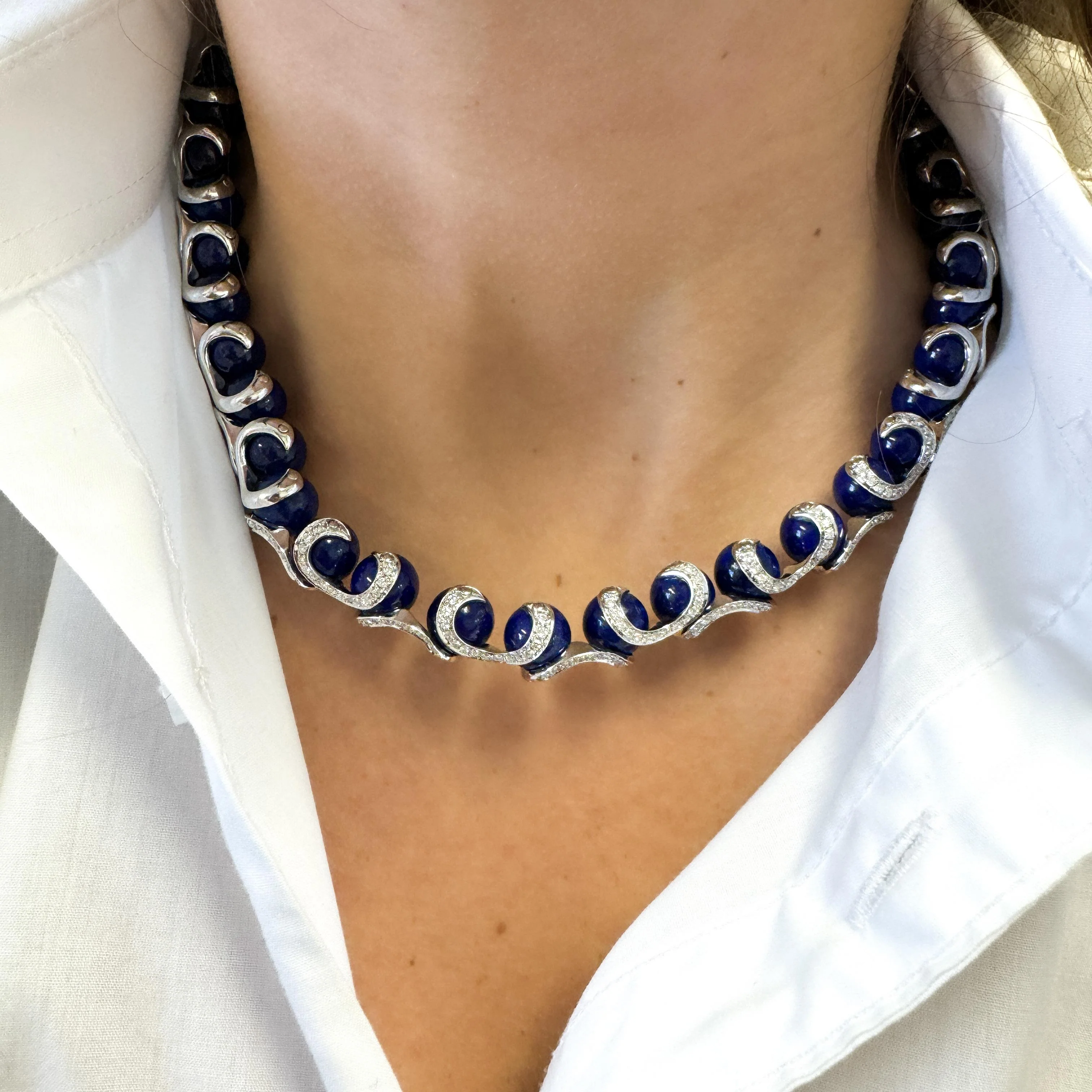 Lapis Lazuli Ball and Diamond 18K White Gold Choker Necklace Signed BIBIGI - Image 10