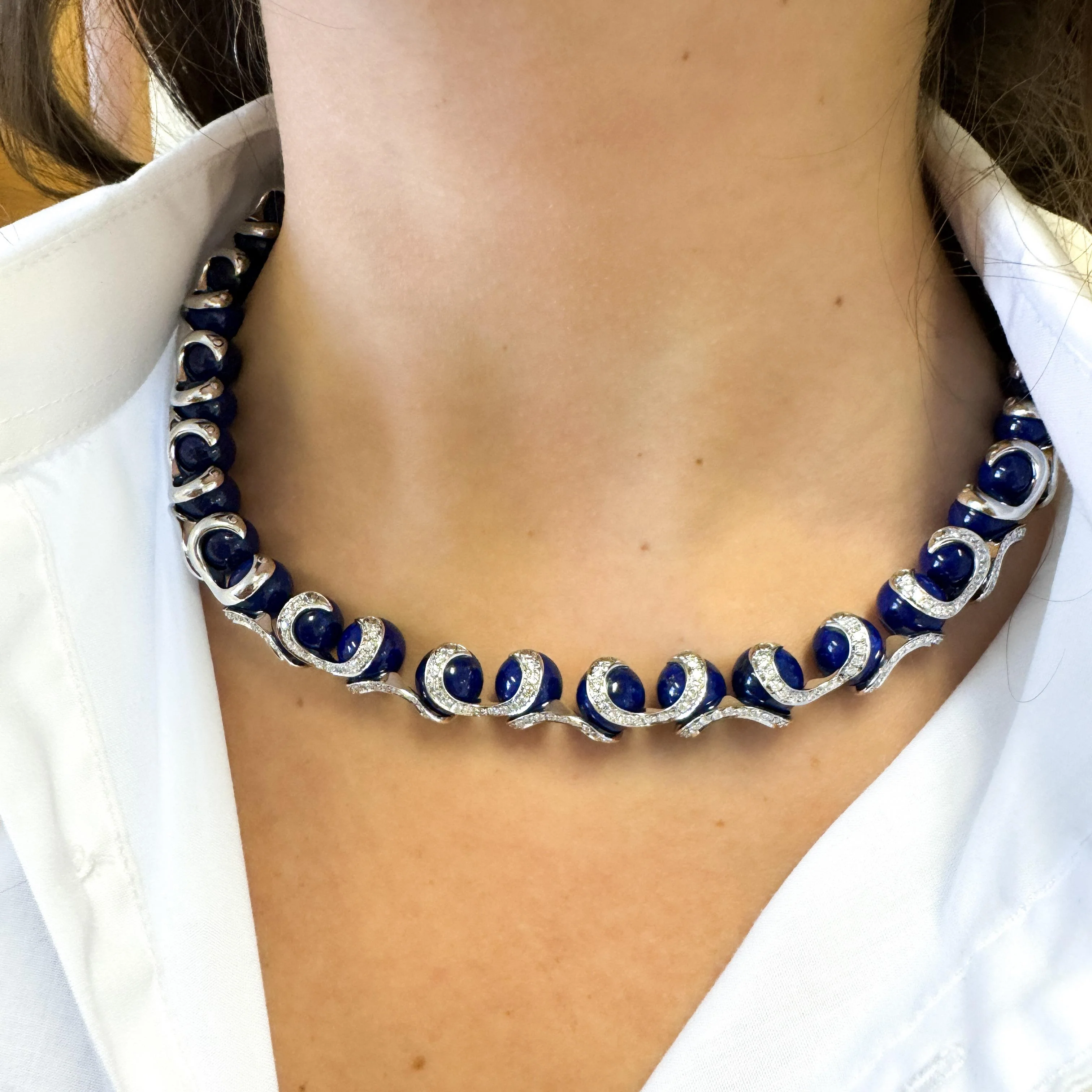 Lapis Lazuli Ball and Diamond 18K White Gold Choker Necklace Signed BIBIGI - Image 11