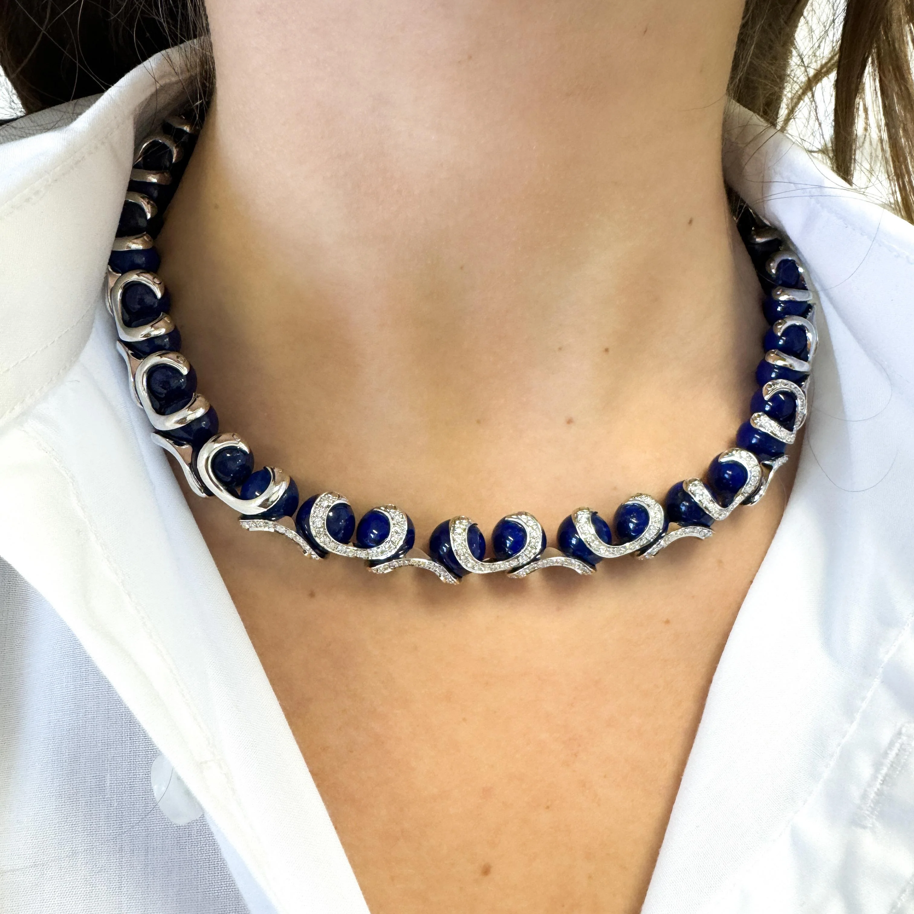 Lapis Lazuli Ball and Diamond 18K White Gold Choker Necklace Signed BIBIGI - Image 12