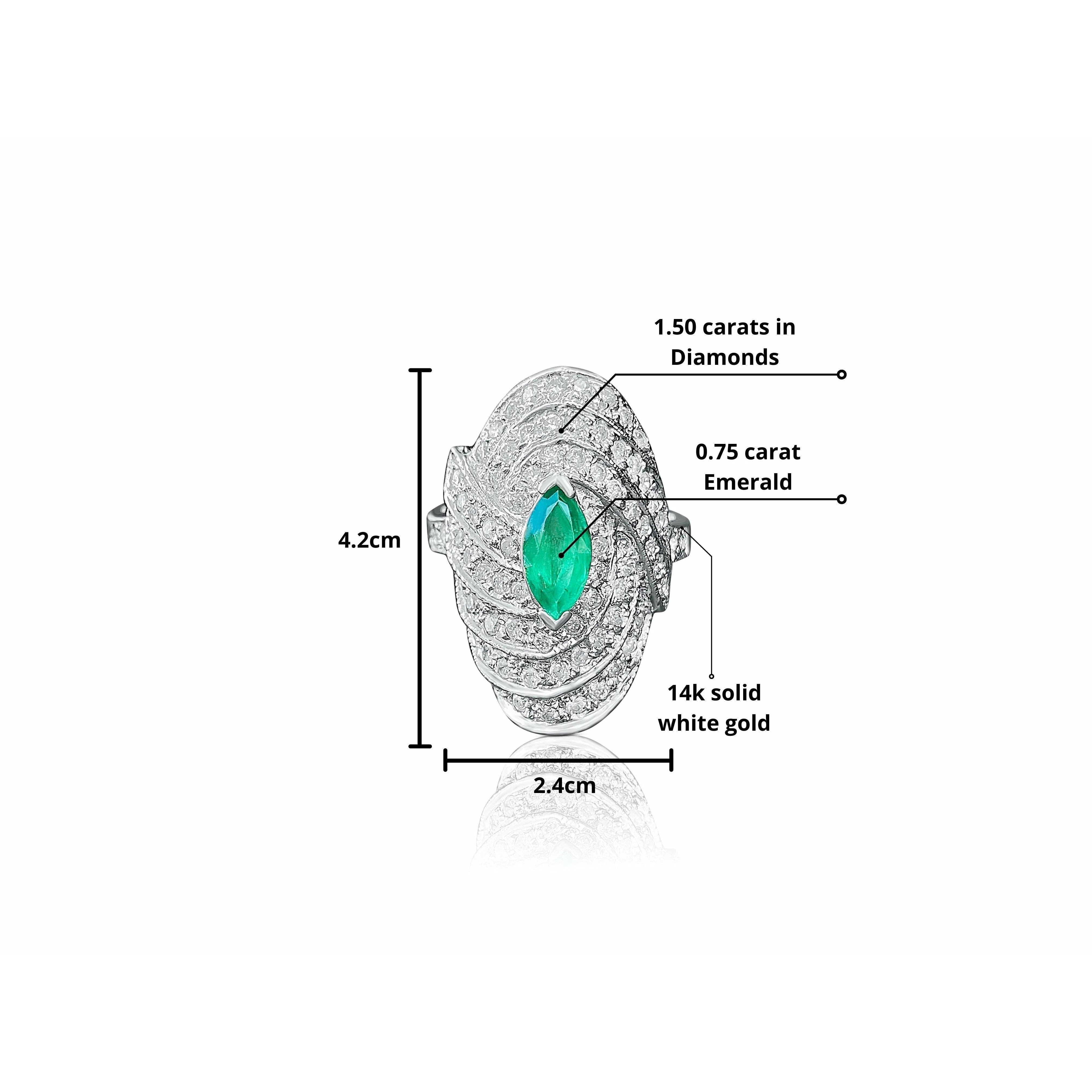 Marquise Cut Emerald and Diamond Dome Ring - Image 3
