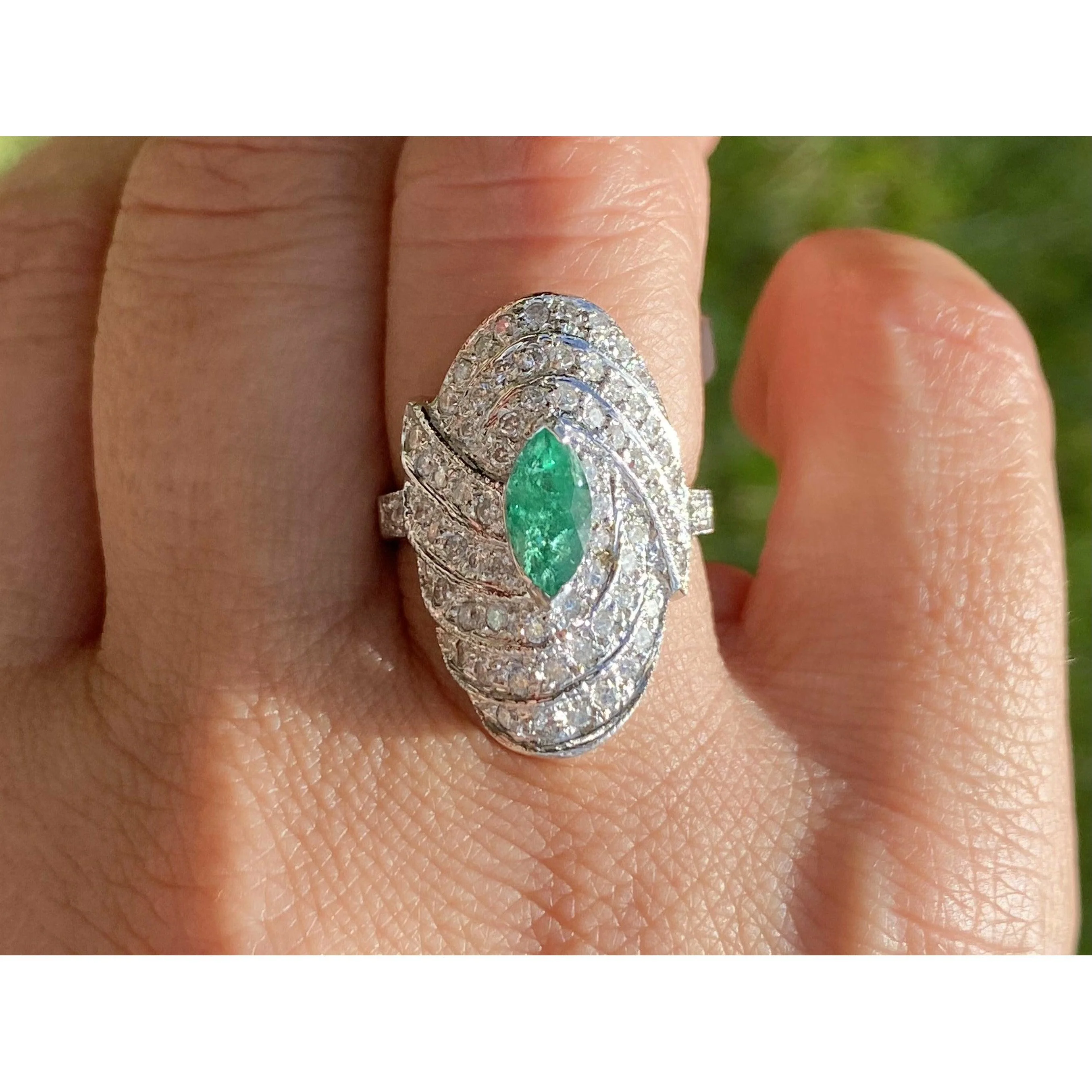 Marquise Cut Emerald and Diamond Dome Ring - Image 4