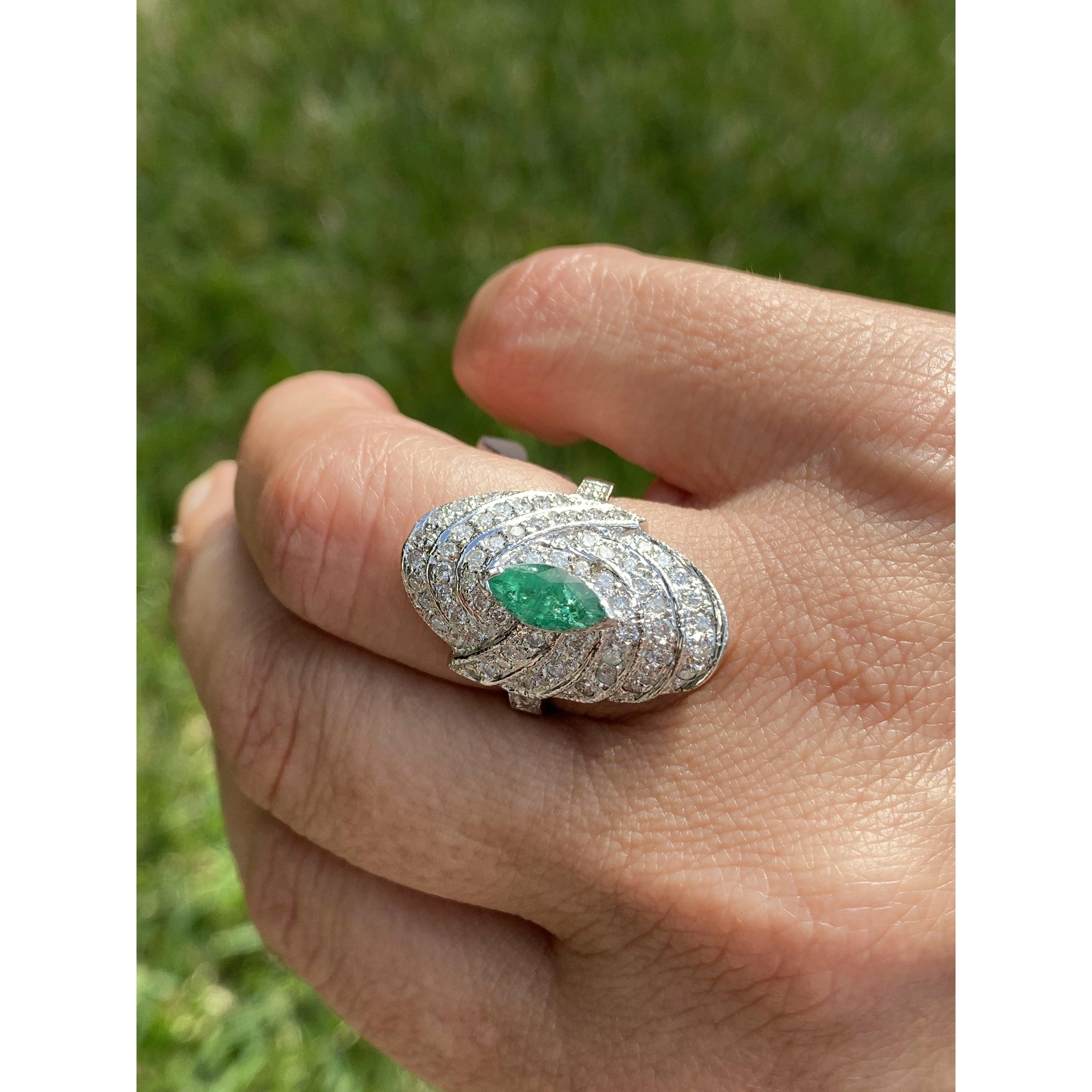 Marquise Cut Emerald and Diamond Dome Ring - Image 5