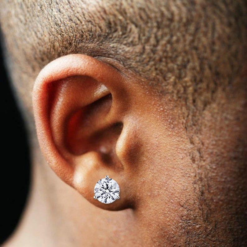Mens 3 Carat Round Lab Grown Diamond Stud Earrings in 14k solid Gold - 3 Prong - Image 3