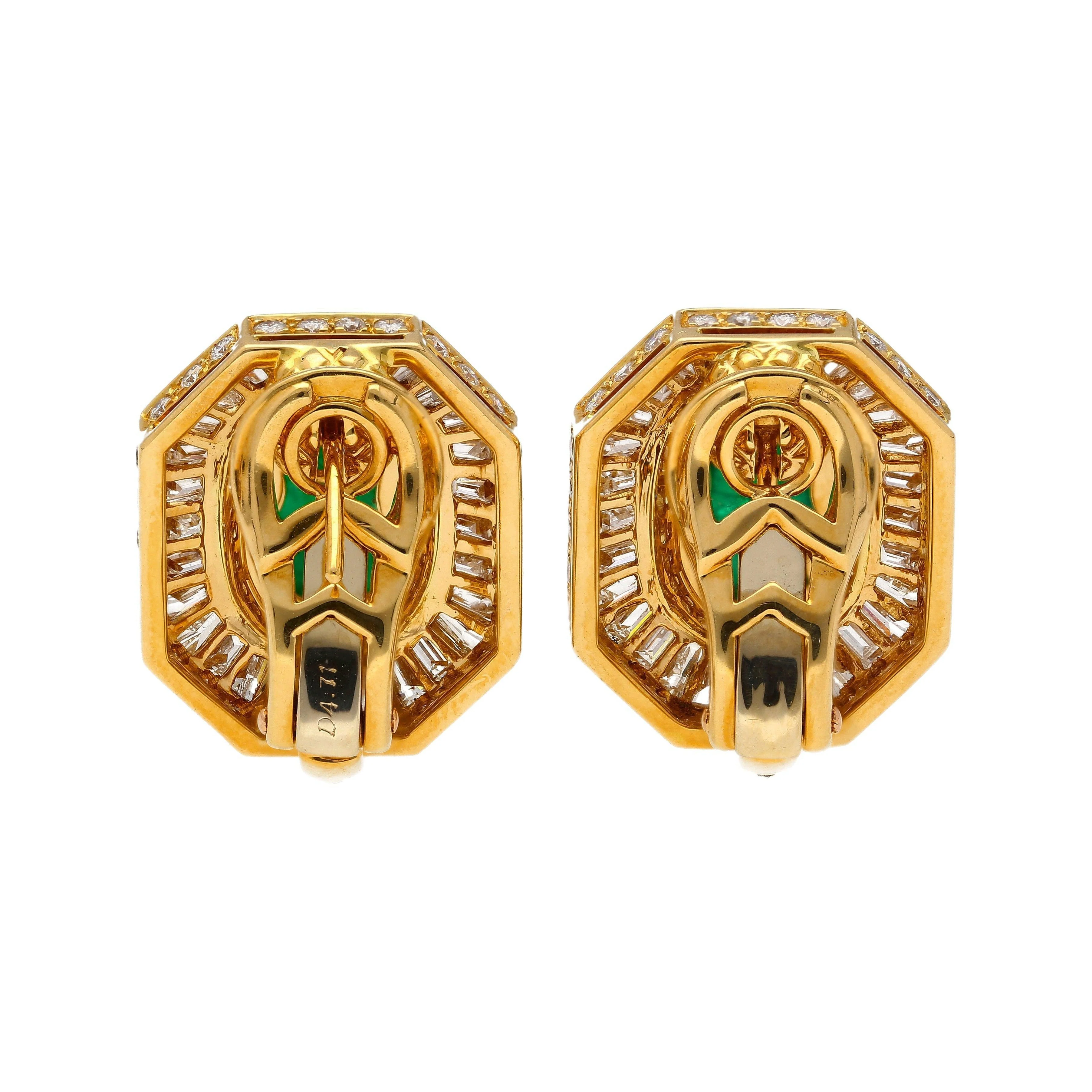 Mouawad Signed Vivid Cabochon Emeralds & Baguette Diamond Halo Clip On Earrings - Image 4