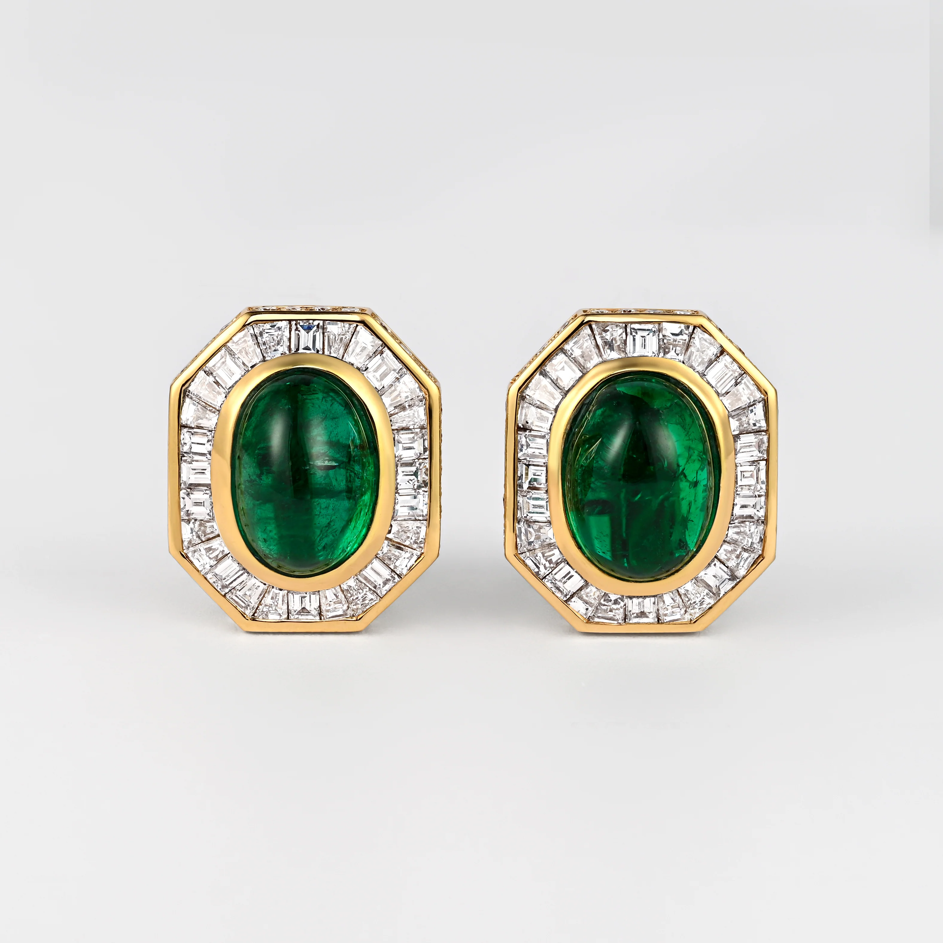 Mouawad Signed Vivid Cabochon Emeralds & Baguette Diamond Halo Clip On Earrings - Image 6