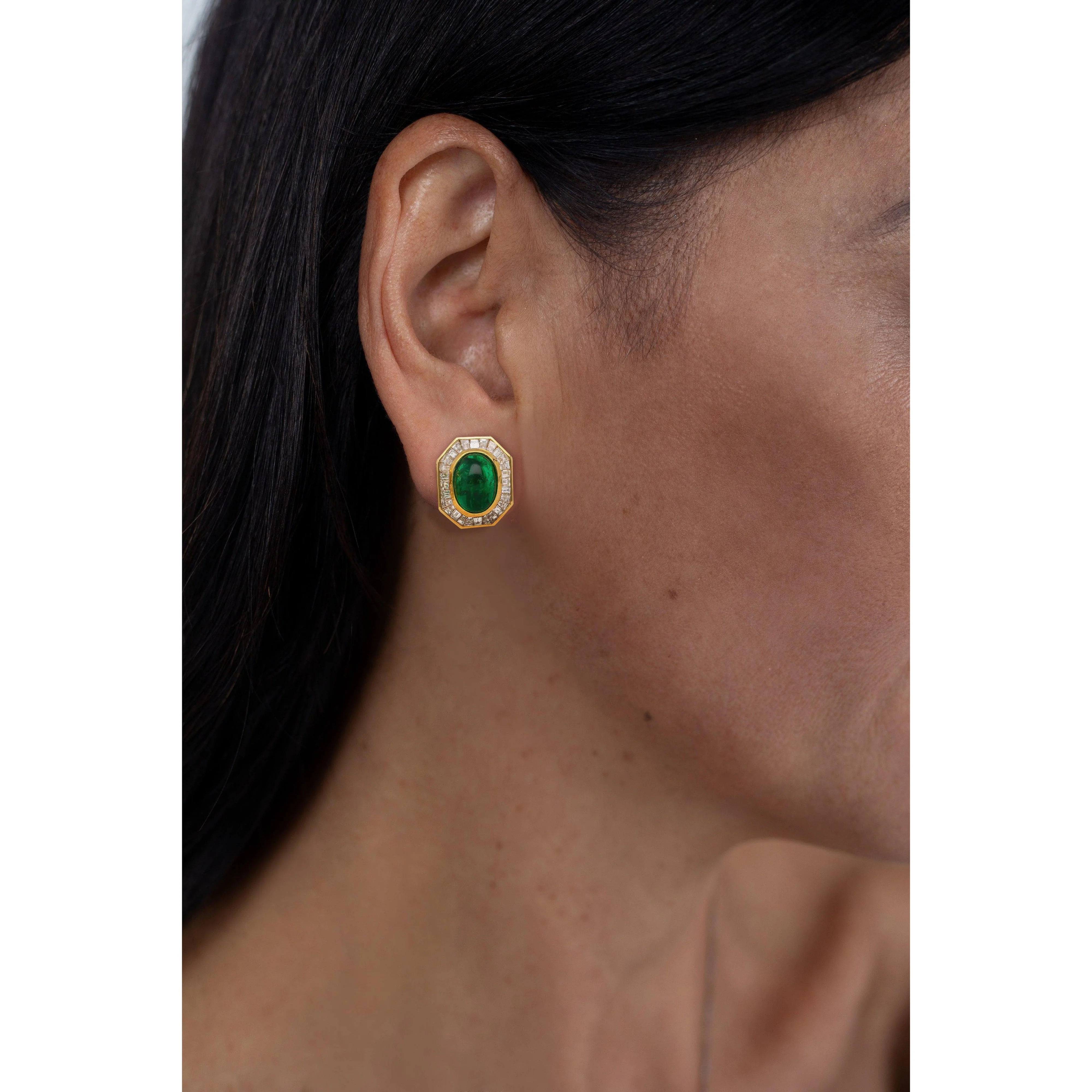 Mouawad Signed Vivid Cabochon Emeralds & Baguette Diamond Halo Clip On Earrings - Image 7