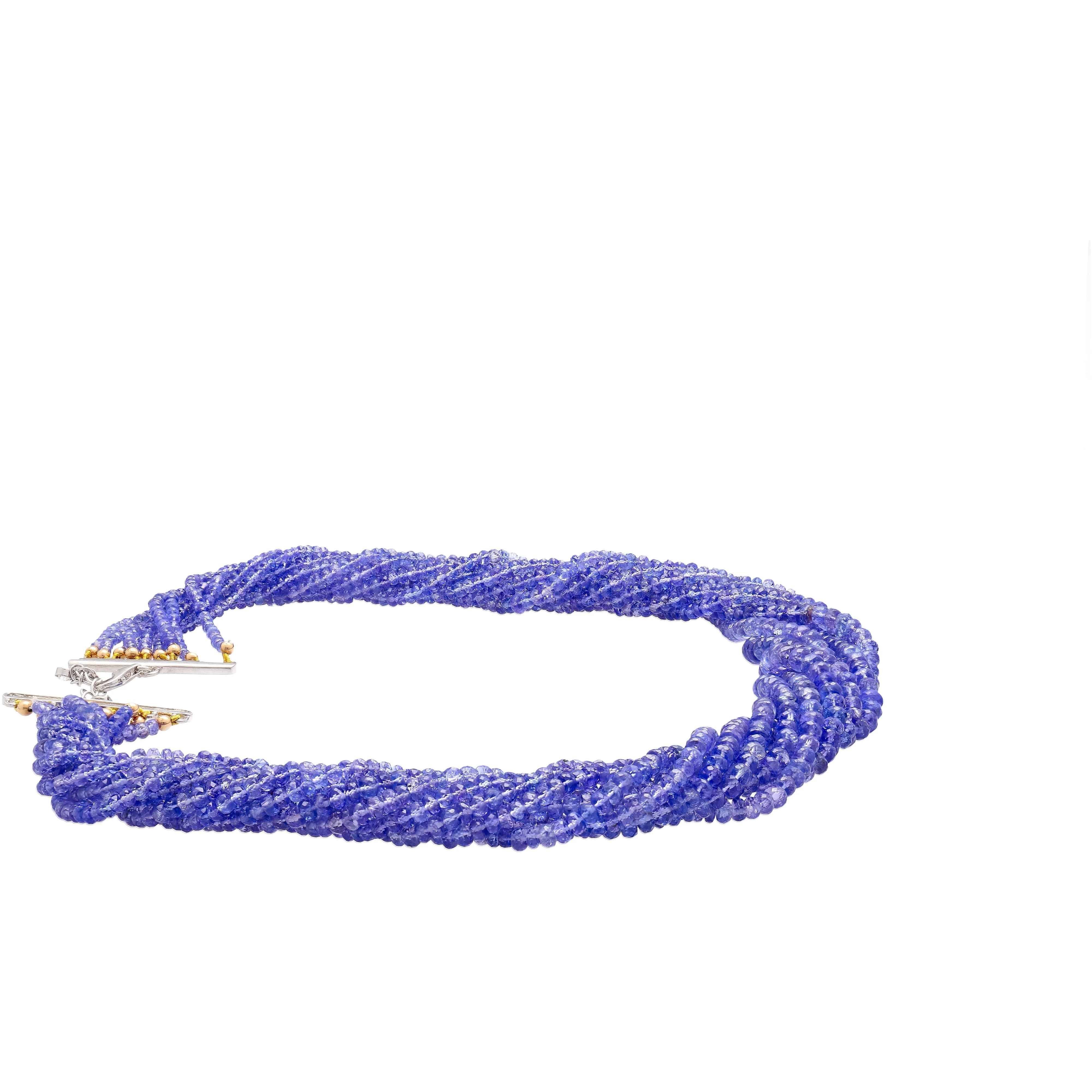 Multi-Strand Blue Tanzanite Beads & Round Cut Diamond Necklace in 18K White Gold - Image 6