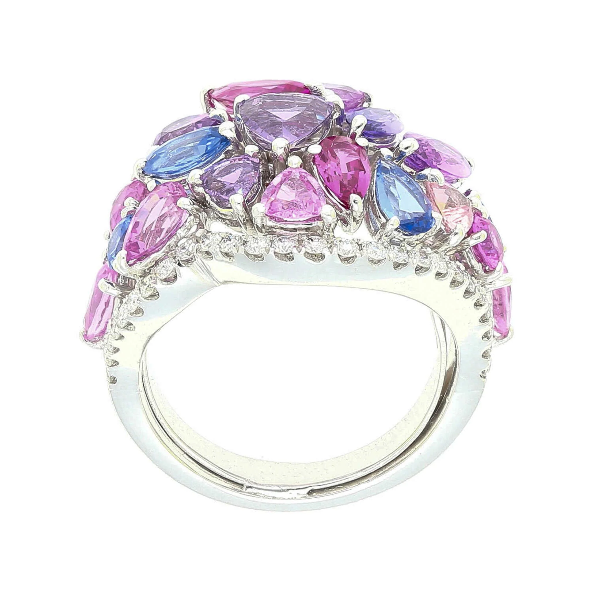 Multicolor Sapphire Pear Marquise Mix & Diamond Cluster 18K White Gold Dome Ring - Image 3