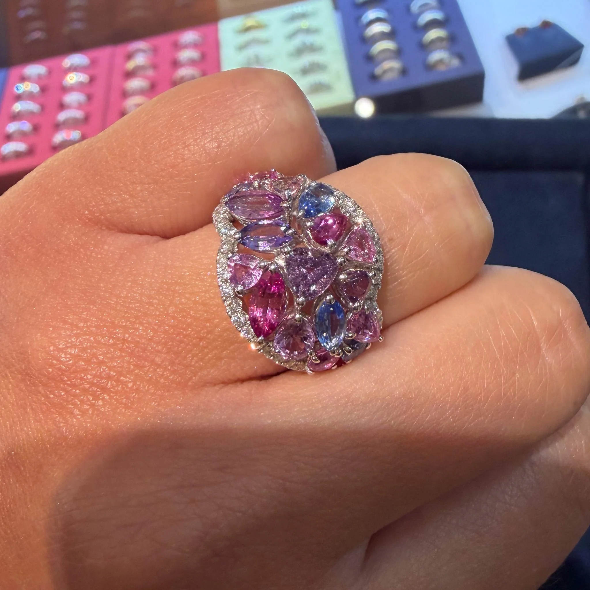 Multicolor Sapphire Pear Marquise Mix & Diamond Cluster 18K White Gold Dome Ring - Image 6
