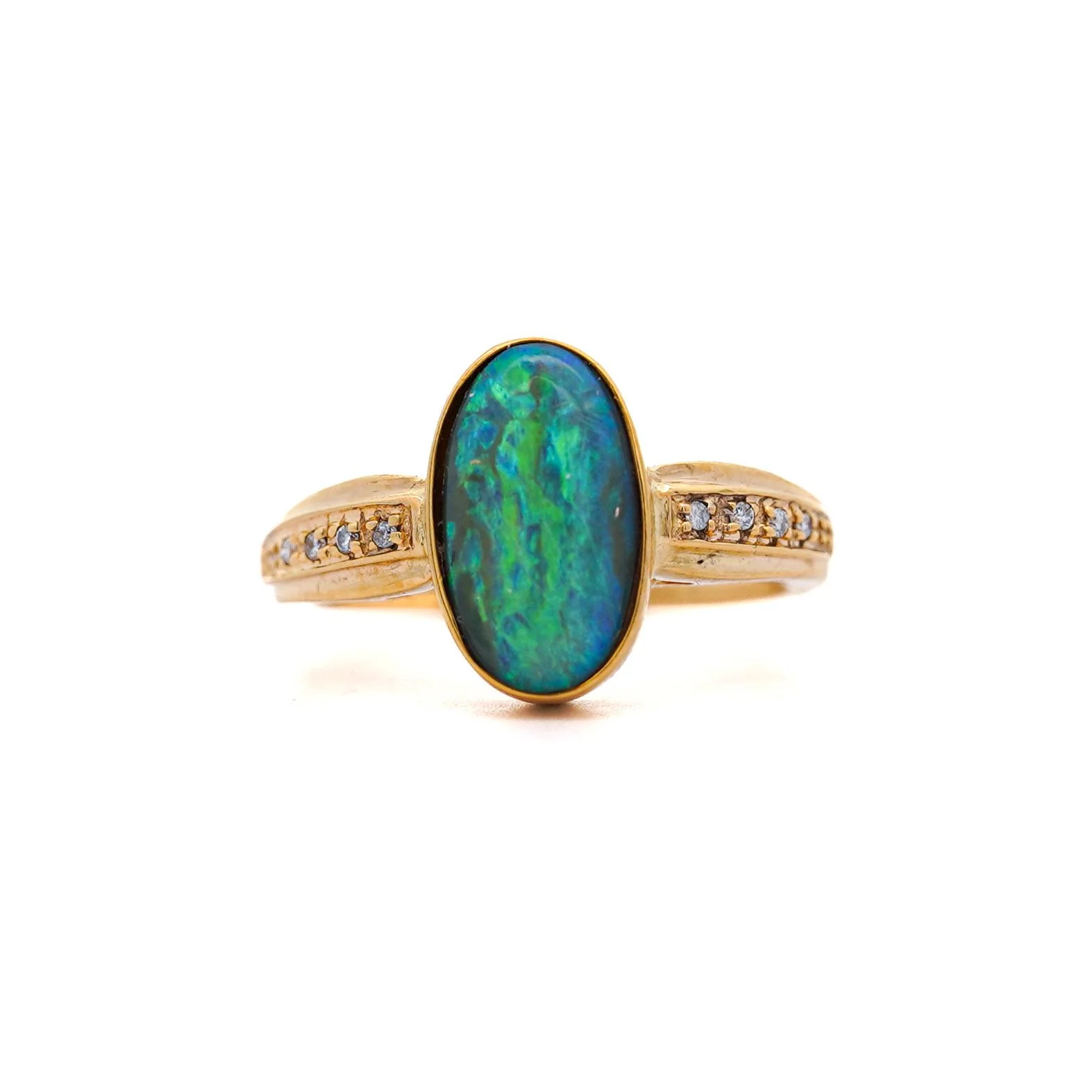 Natural 0.12 Carat Diamond with Black Opal Doublet in 18K & 14K Yellow Gold Ring