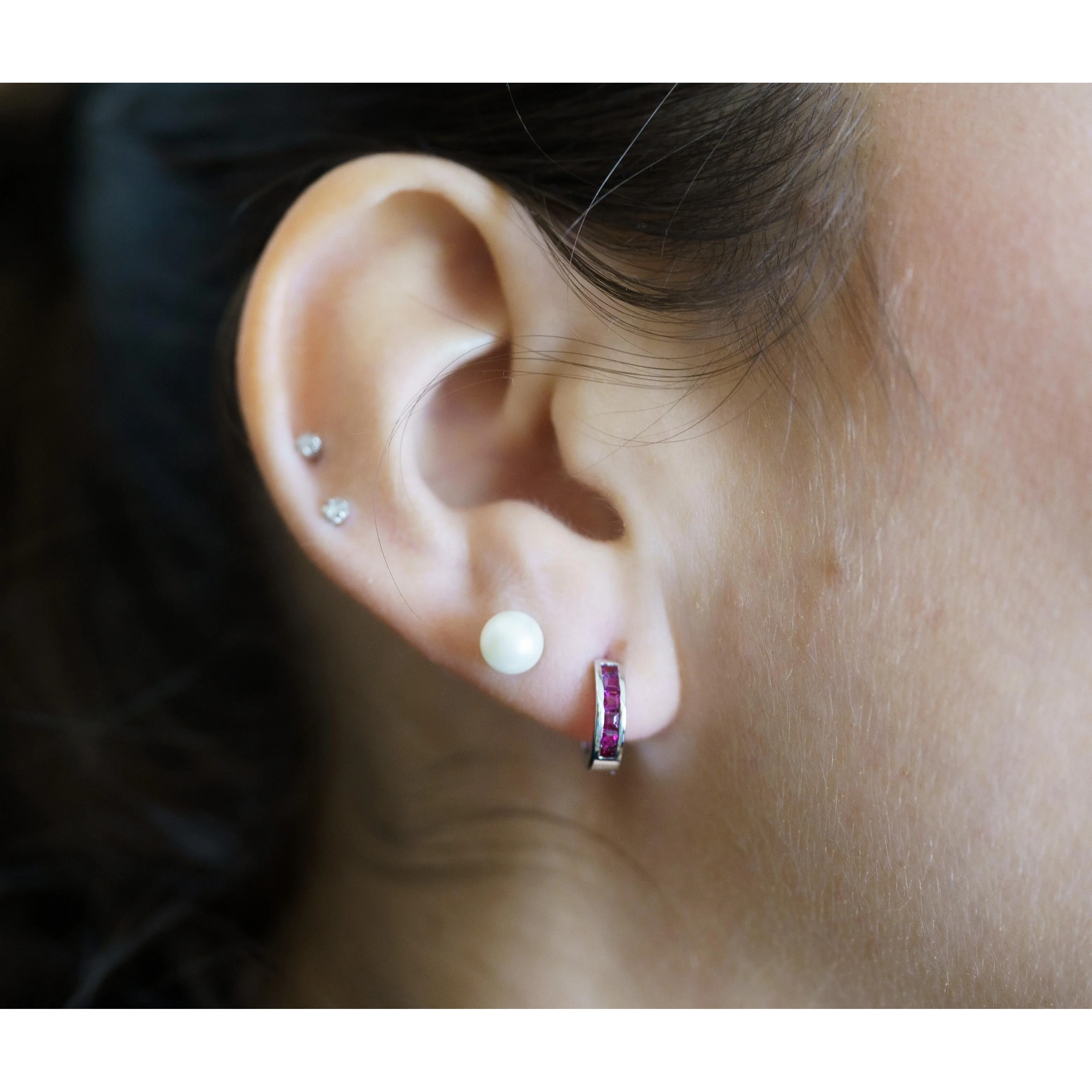 Natural 0.44 CTTW Square Cut Ruby Huggie Hoop Earrings in 14K White Gold - Image 3