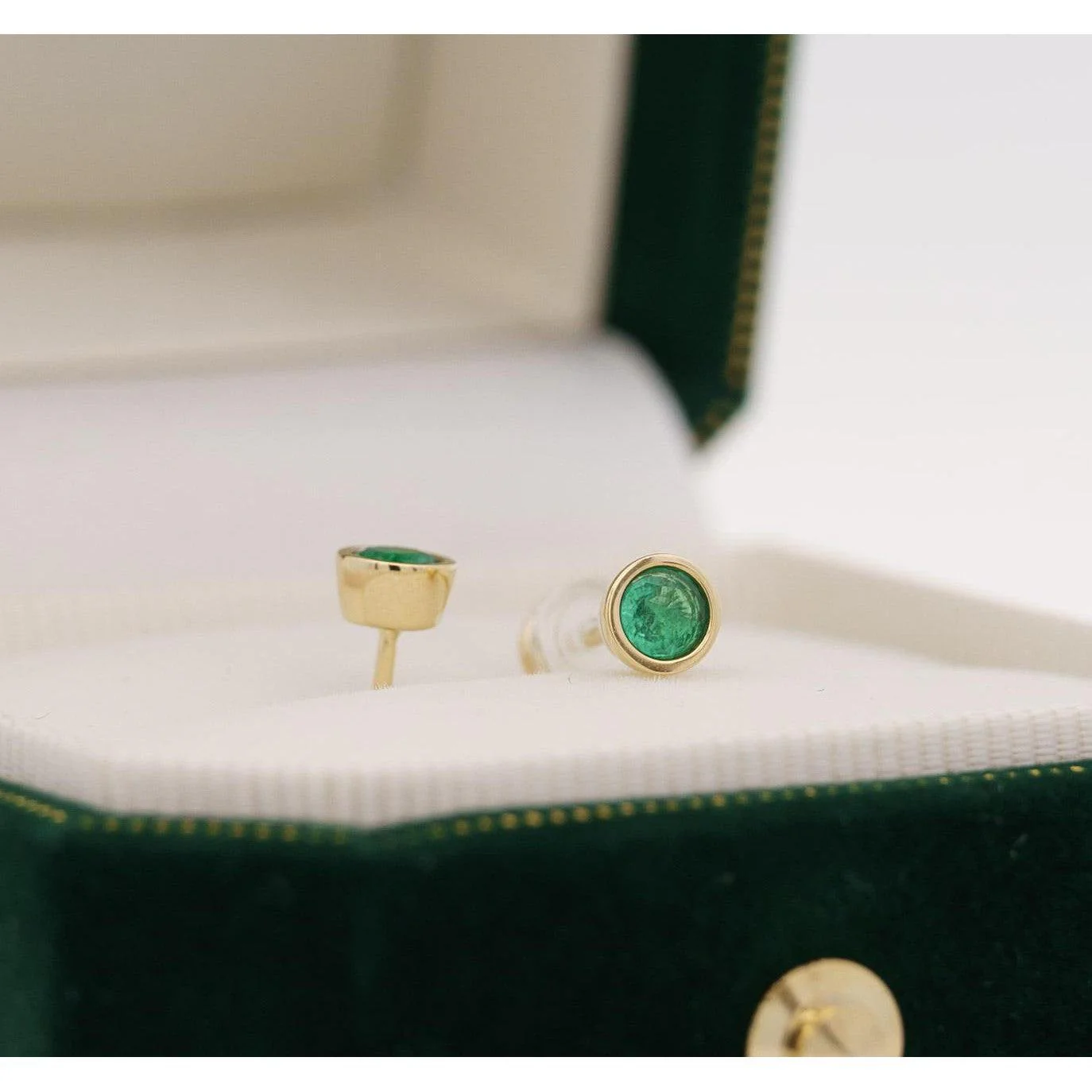 Natural 1/2 Carat Emerald Round Bezel Stud Earrings 14K Gold - Image 5