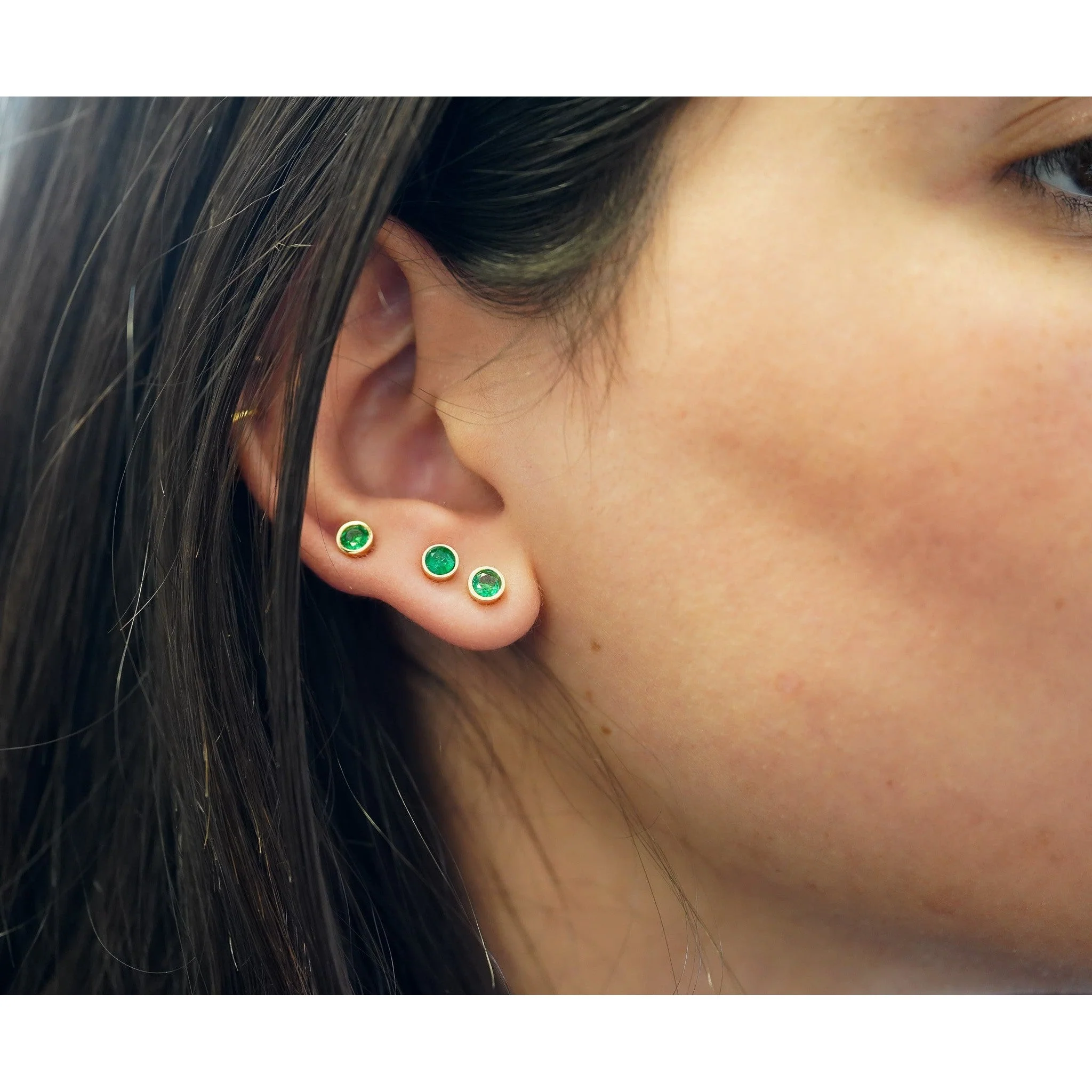 Natural 1/2 Carat Emerald Round Bezel Stud Earrings 14K Gold - Image 7