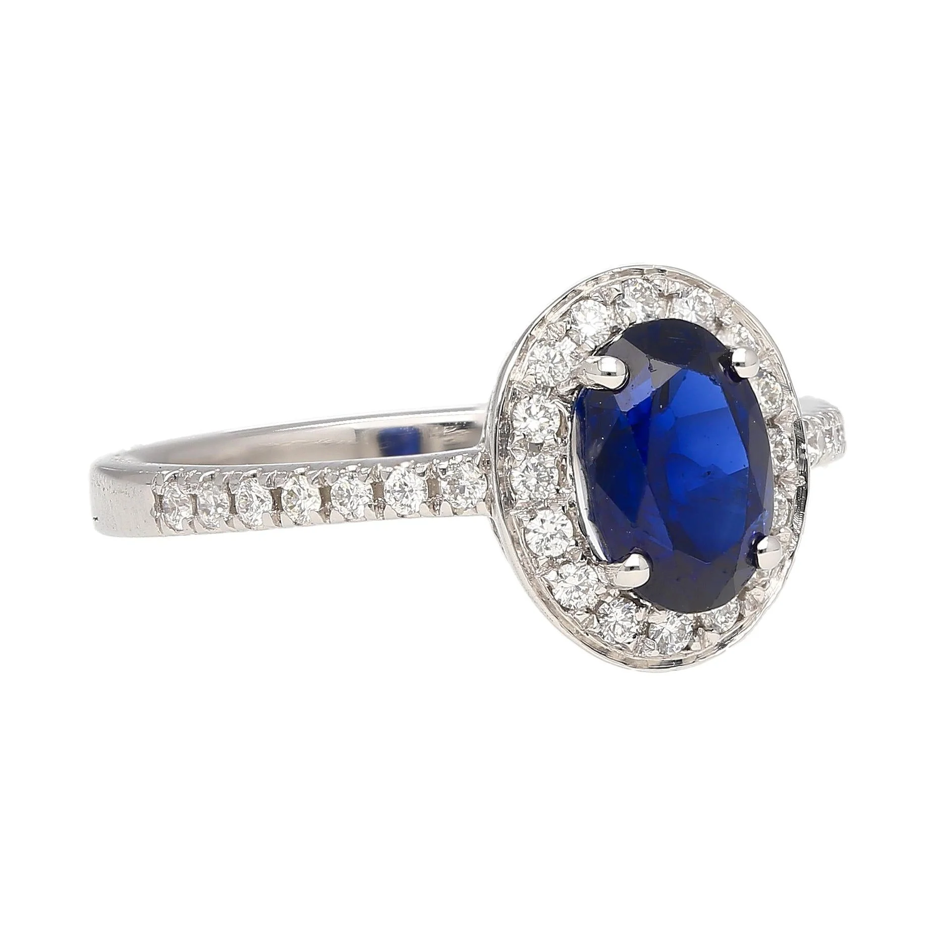 Natural 1.45 Carat Oval Cut Blue Sapphire and Diamond Halo 18k White Gold Ring - Image 2