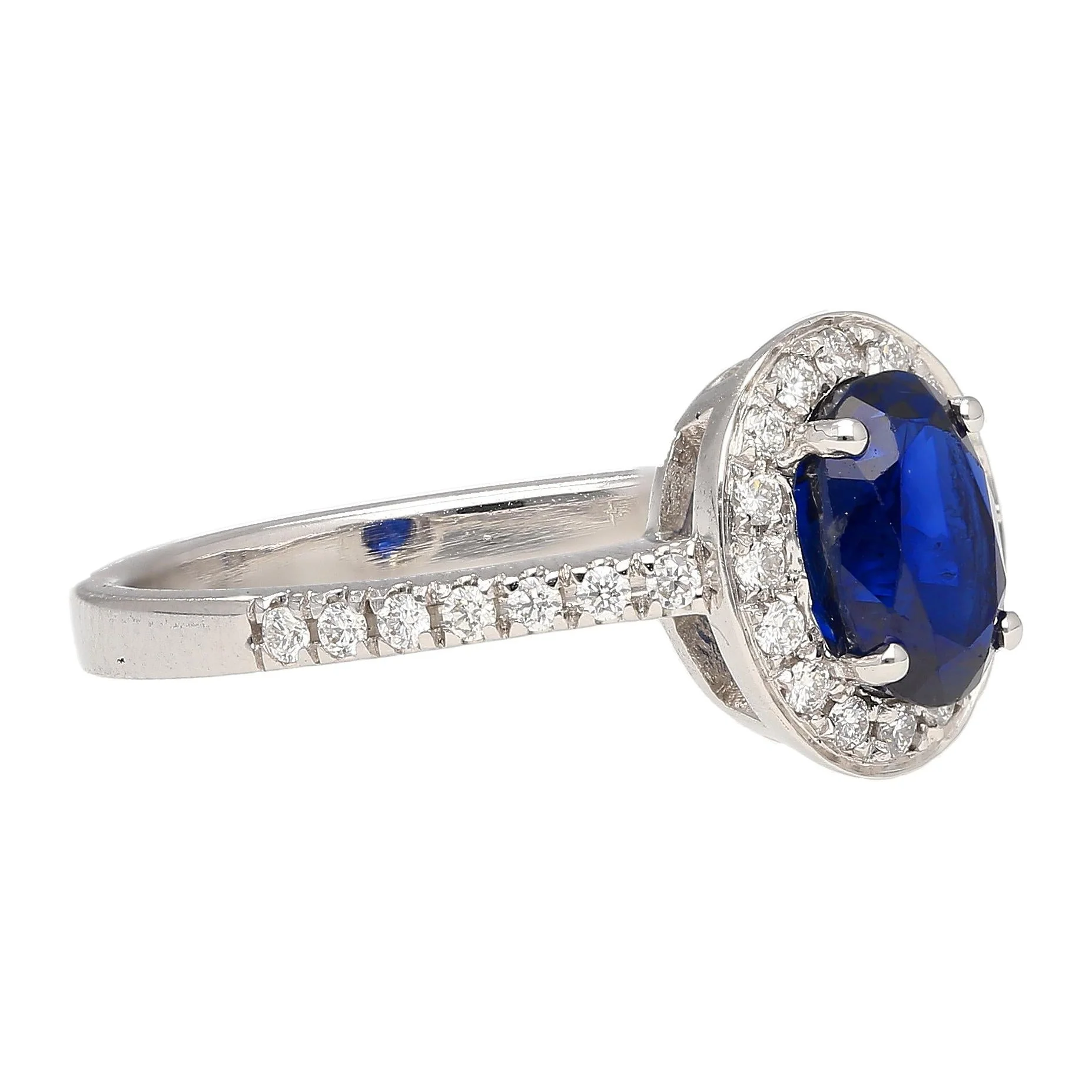 Natural 1.45 Carat Oval Cut Blue Sapphire and Diamond Halo 18k White Gold Ring - Image 3