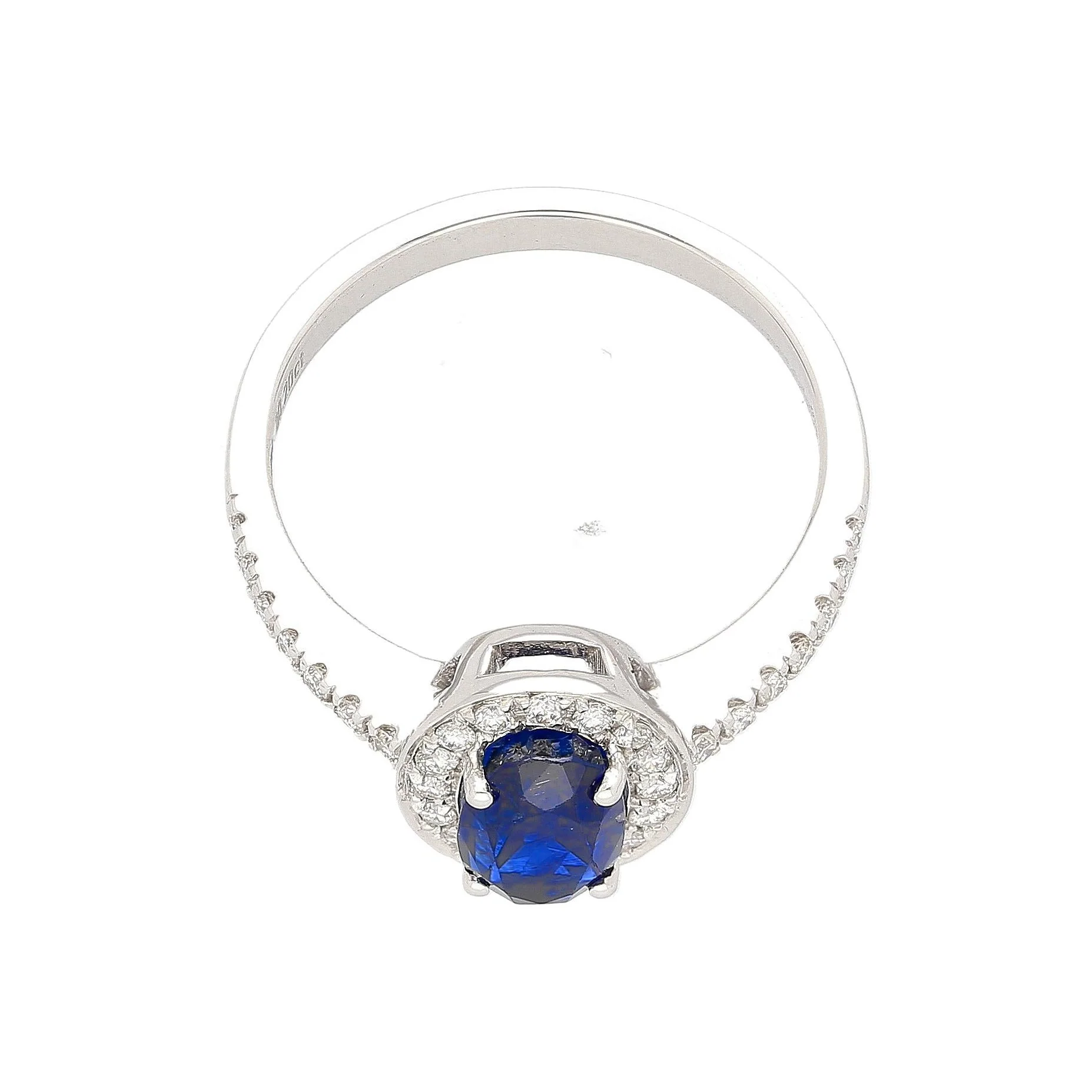 Natural 1.45 Carat Oval Cut Blue Sapphire and Diamond Halo 18k White Gold Ring - Image 6
