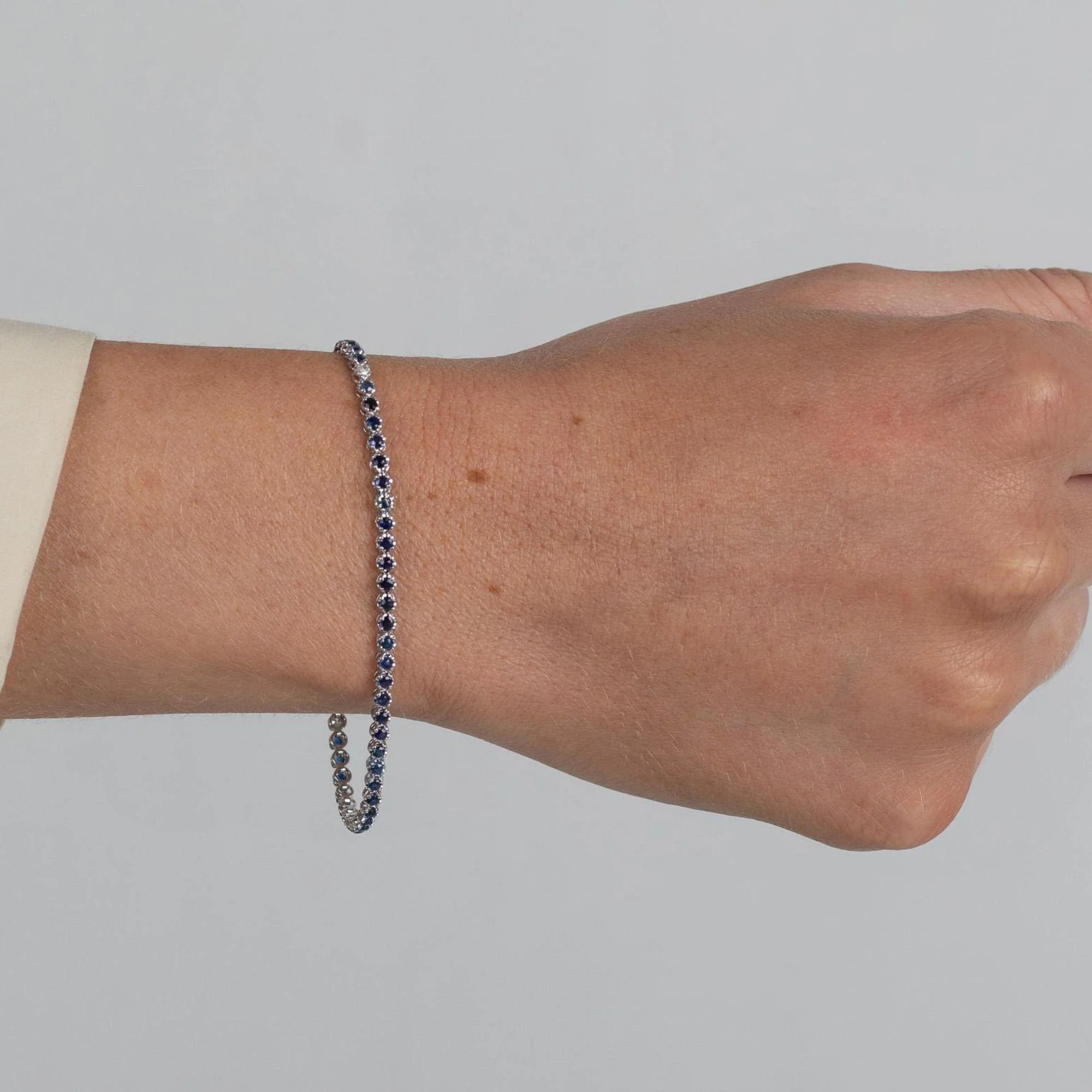 Natural 1.5 Carat Blue Sapphire in 14K White Gold Ball Style Tennis Bracelet - Image 2