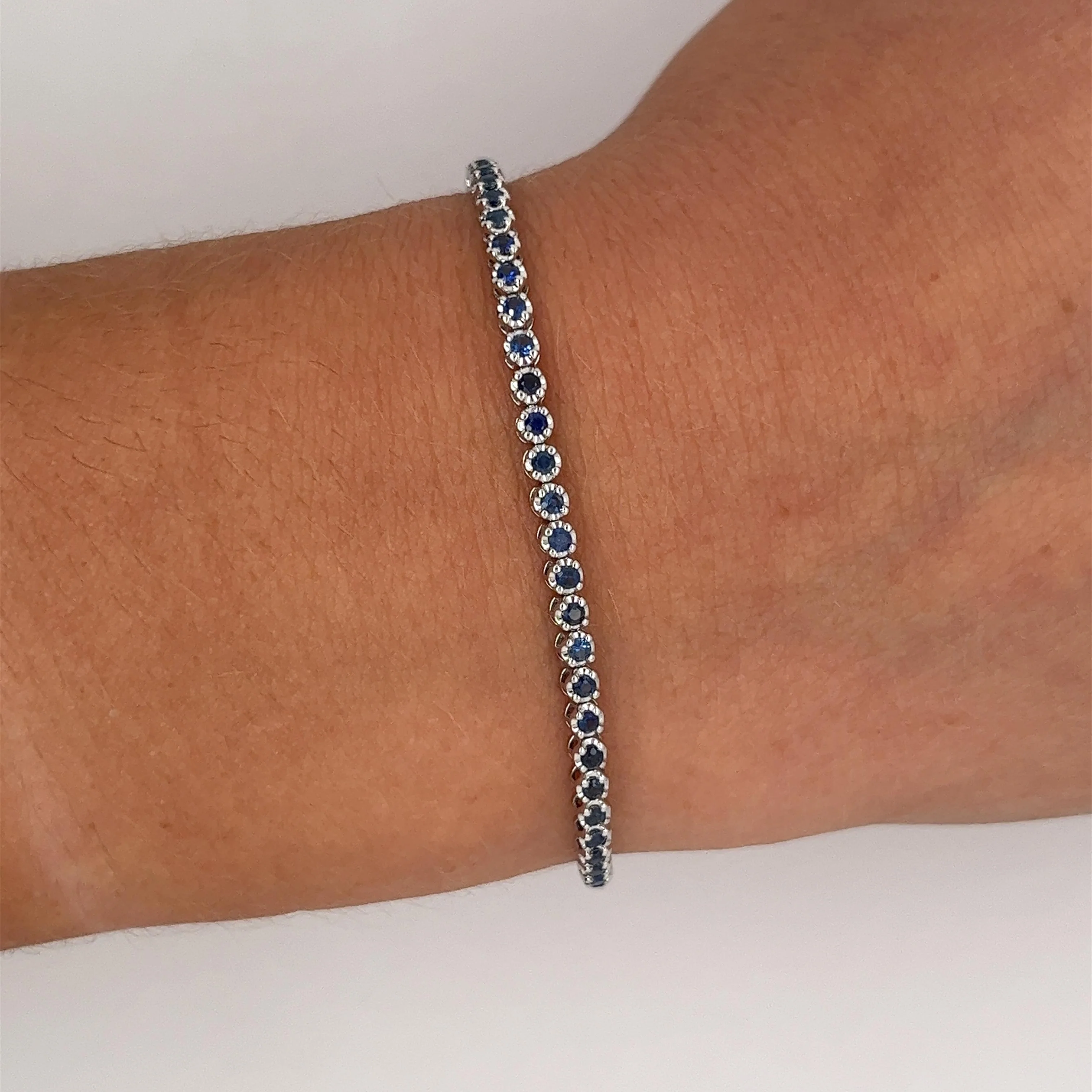 Natural 1.5 Carat Blue Sapphire in 14K White Gold Ball Style Tennis Bracelet - Image 5