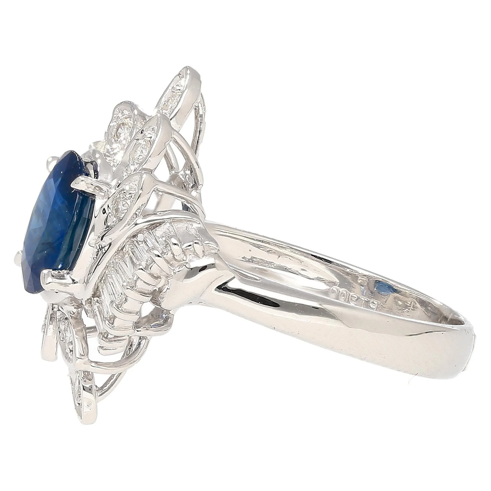 Natural 1.52 Carat Oval Blue Sapphire and Diamond Platinum Floral Ring - Image 3