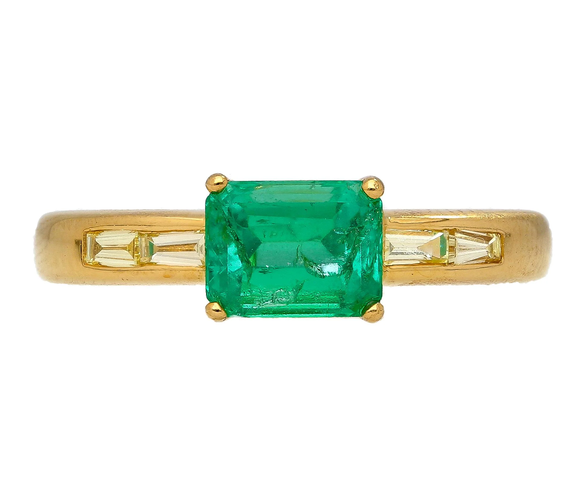 Natural 1 Carat Emerald & Baguette Diamond 18K Gold East West Ring