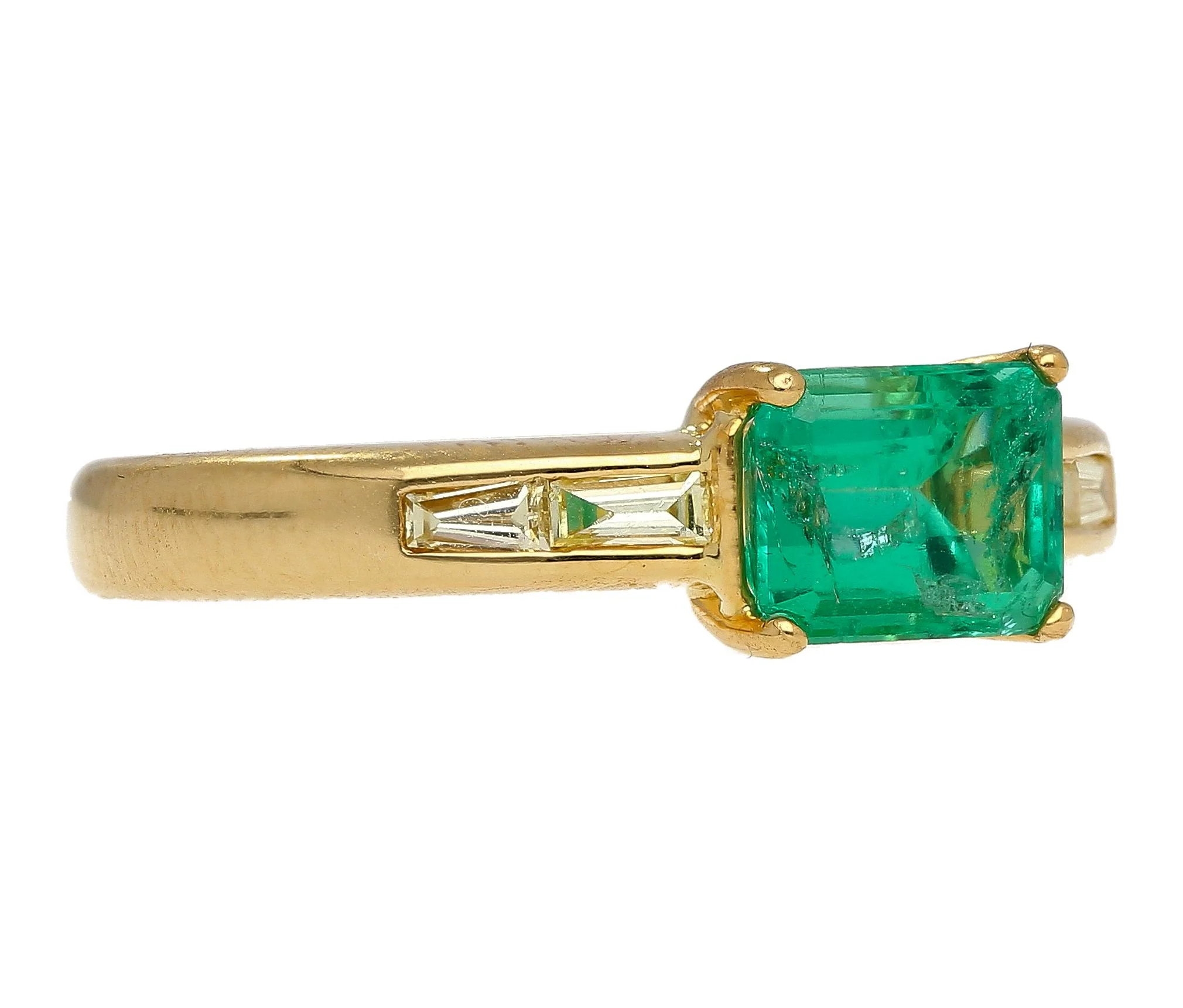 Natural 1 Carat Emerald & Baguette Diamond 18K Gold East West Ring - Image 2