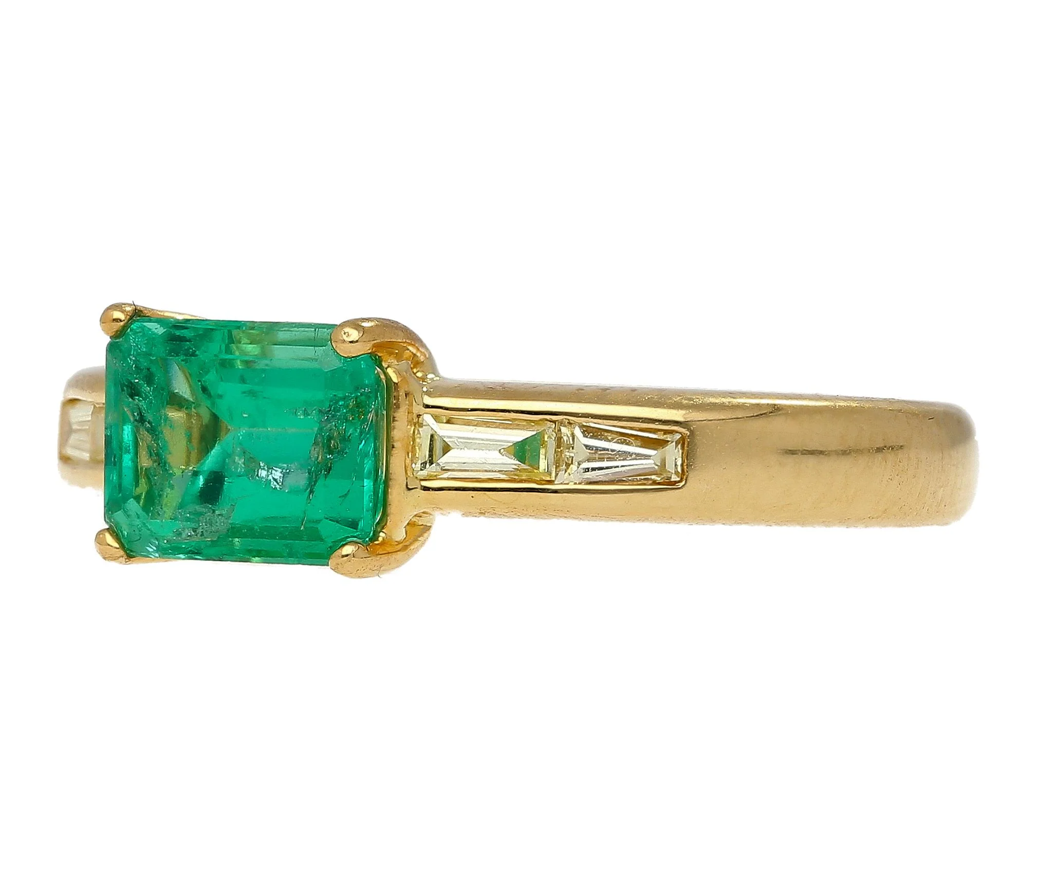 Natural 1 Carat Emerald & Baguette Diamond 18K Gold East West Ring - Image 3