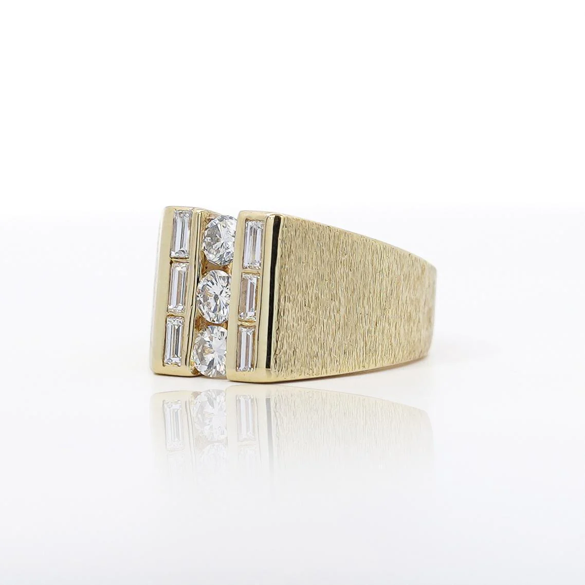 Natural 1 Carat Round & Baguette Cut Diamond in 18K Yellow Gold Matte Mens Ring - Image 3