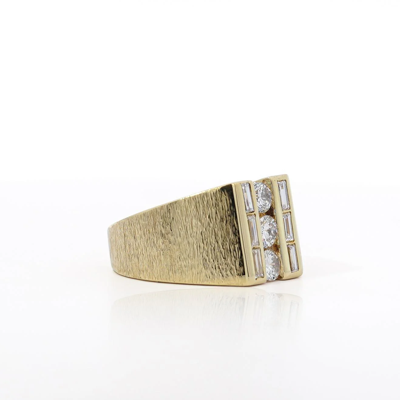 Natural 1 Carat Round & Baguette Cut Diamond in 18K Yellow Gold Matte Mens Ring - Image 4