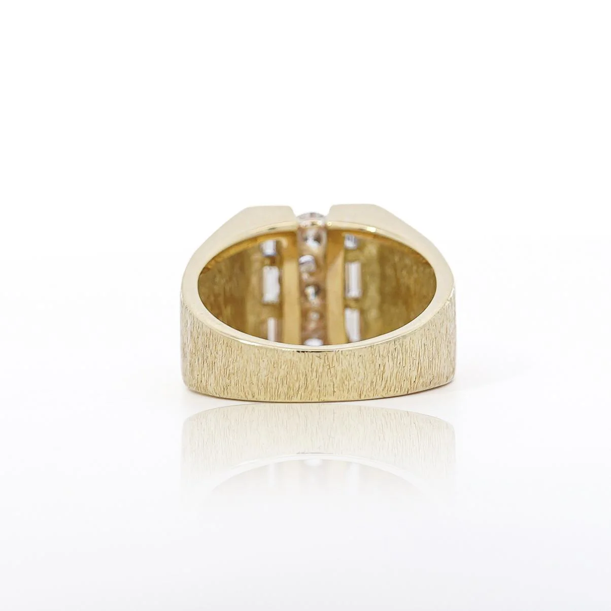 Natural 1 Carat Round & Baguette Cut Diamond in 18K Yellow Gold Matte Mens Ring - Image 5