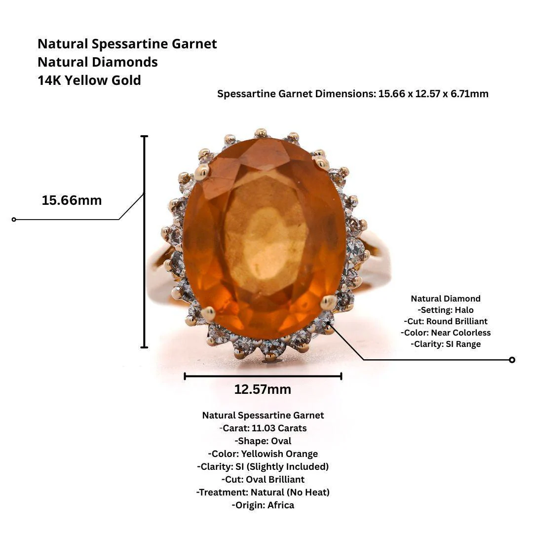 Natural 11.03 Carat Oval Spessartine Garnet Diamond Halo 14K Yellow Gold Ring - Image 6