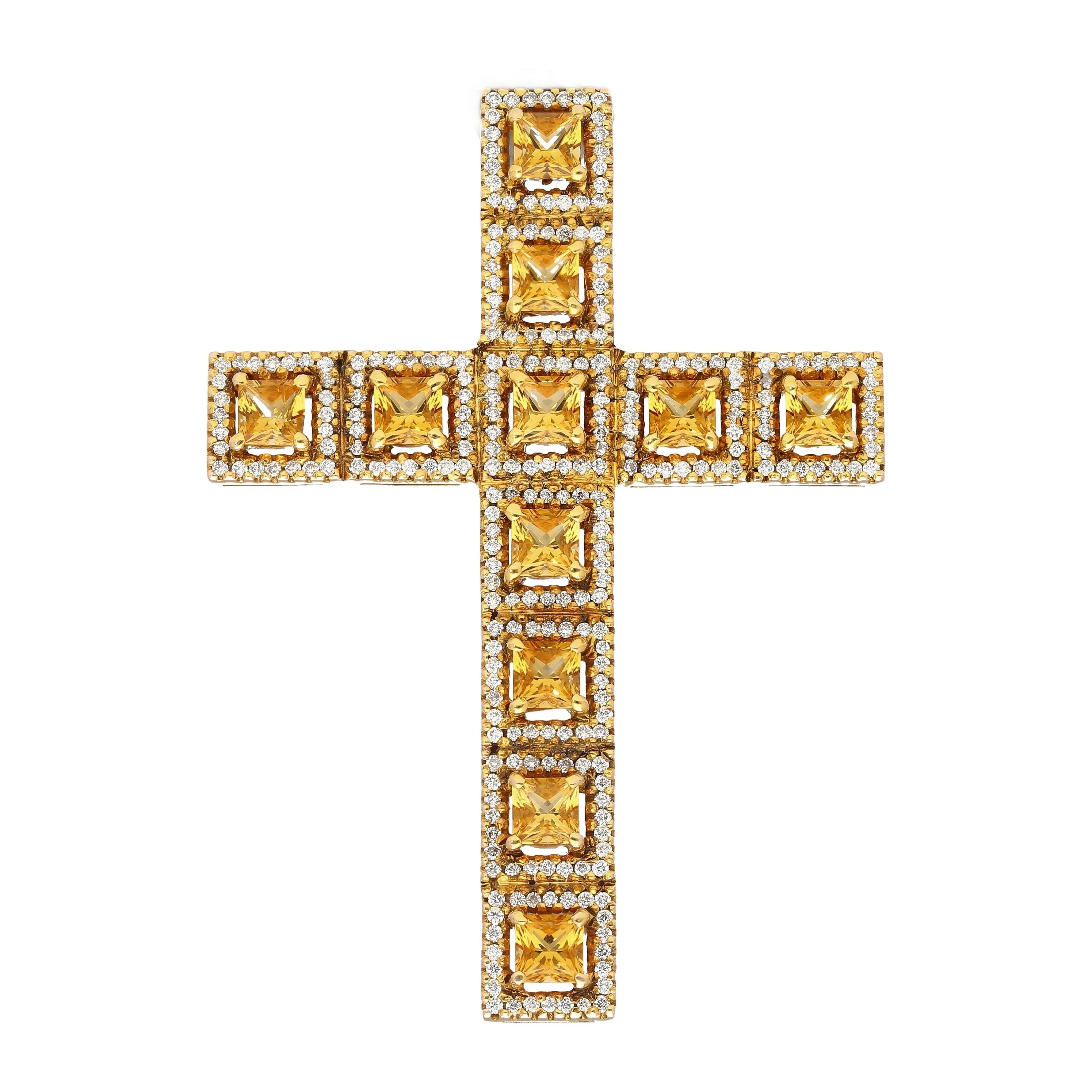 Natural 2.33 Carat Princess Cut Yellow Sapphire & Diamond Halo Cross Pendant - Image 4