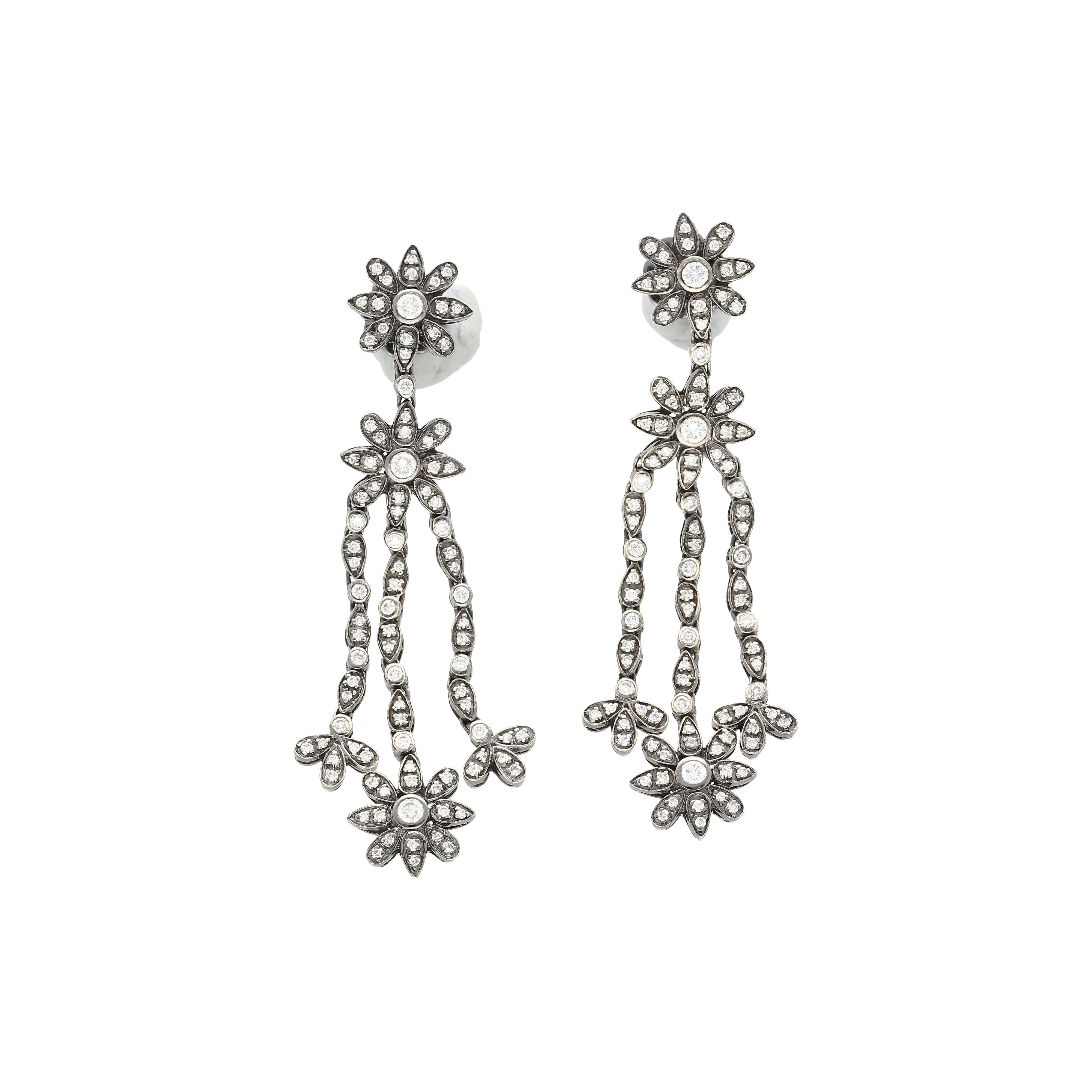 Natural 2 Carat Floral Diamond Dangle Drop Earrings in 18K White & Black Gold