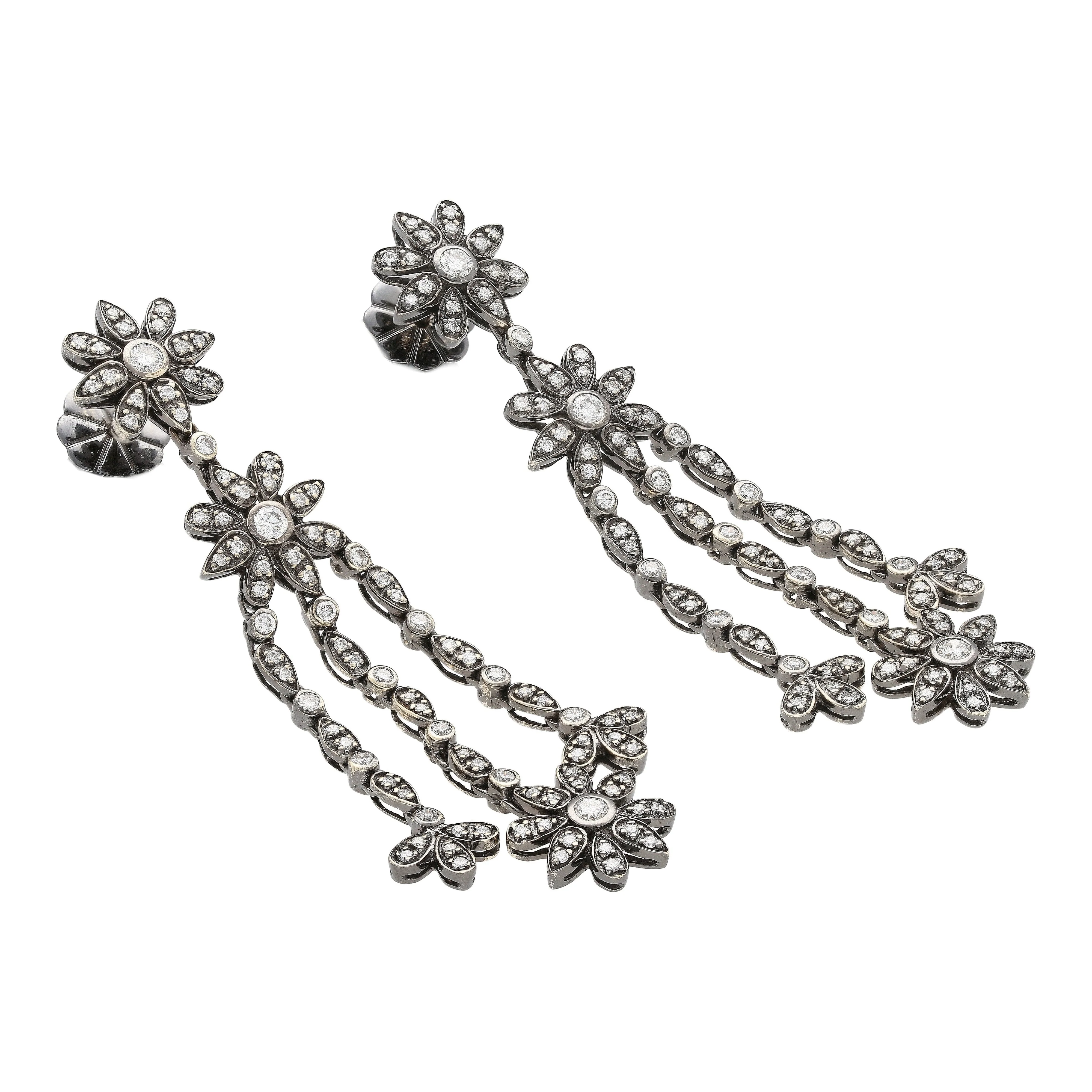 Natural 2 Carat Floral Diamond Dangle Drop Earrings in 18K White & Black Gold - Image 3