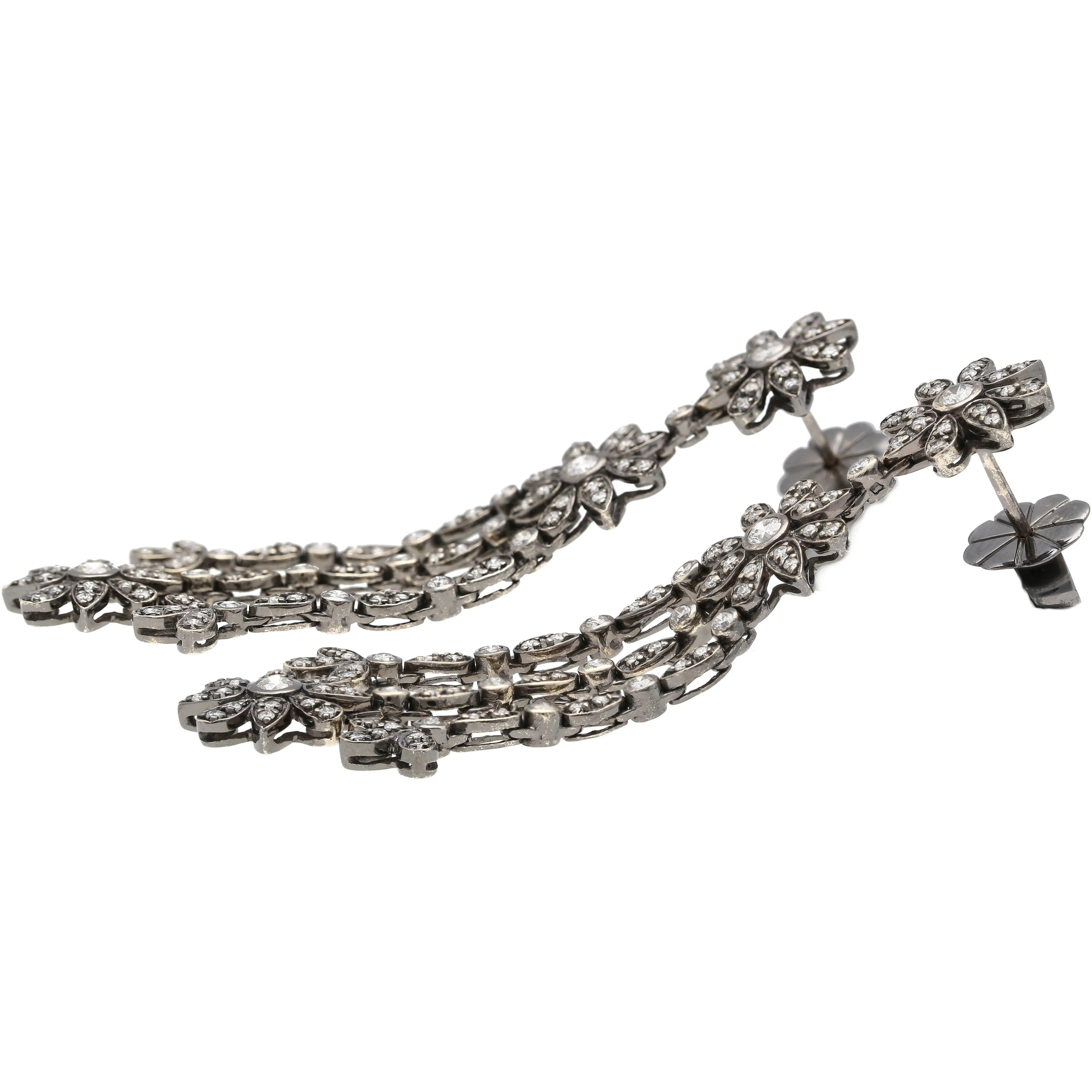 Natural 2 Carat Floral Diamond Dangle Drop Earrings in 18K White & Black Gold - Image 7