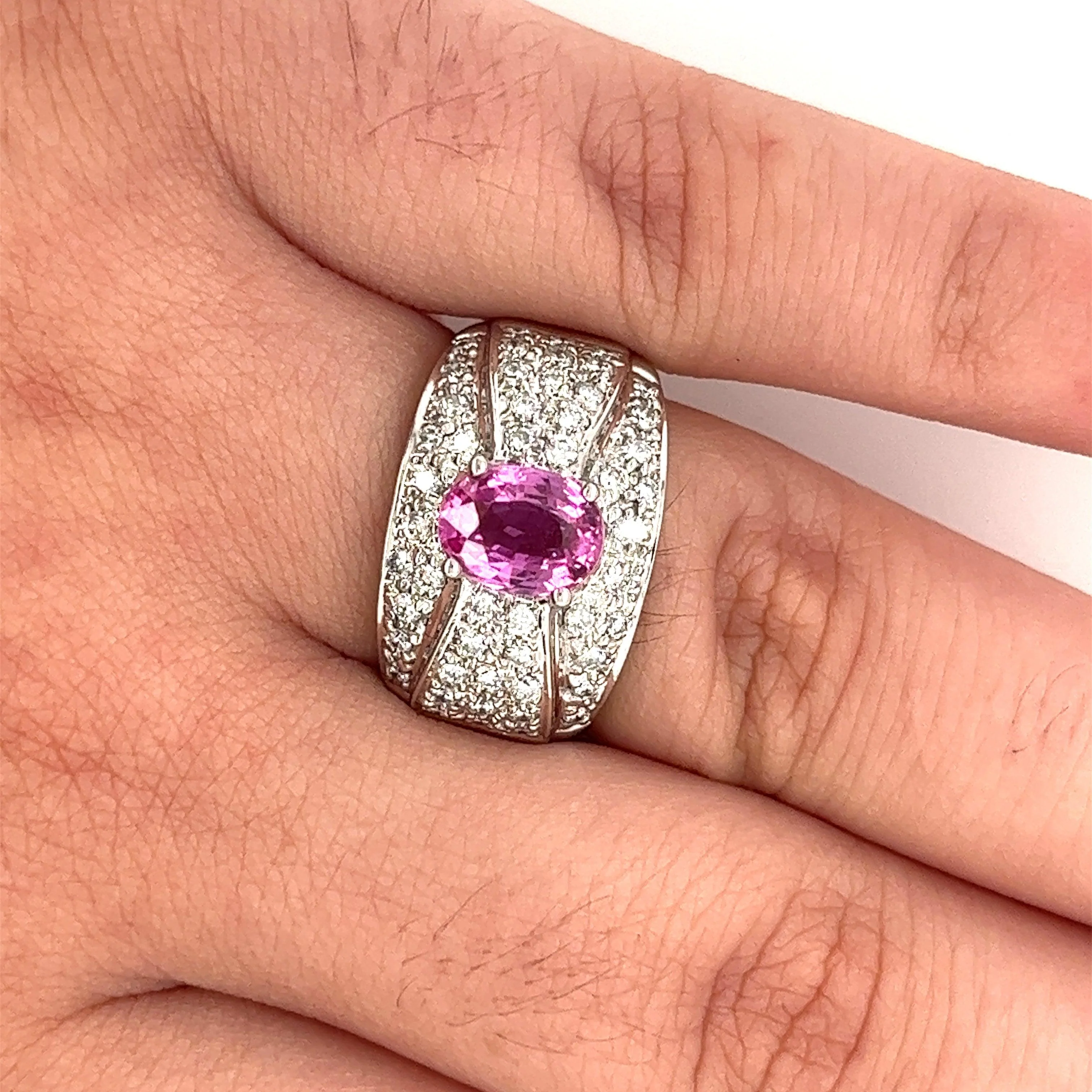 Natural 2 Carat Oval Cut Pink Sapphire with Diamond Cluster Dome Ring - Image 3