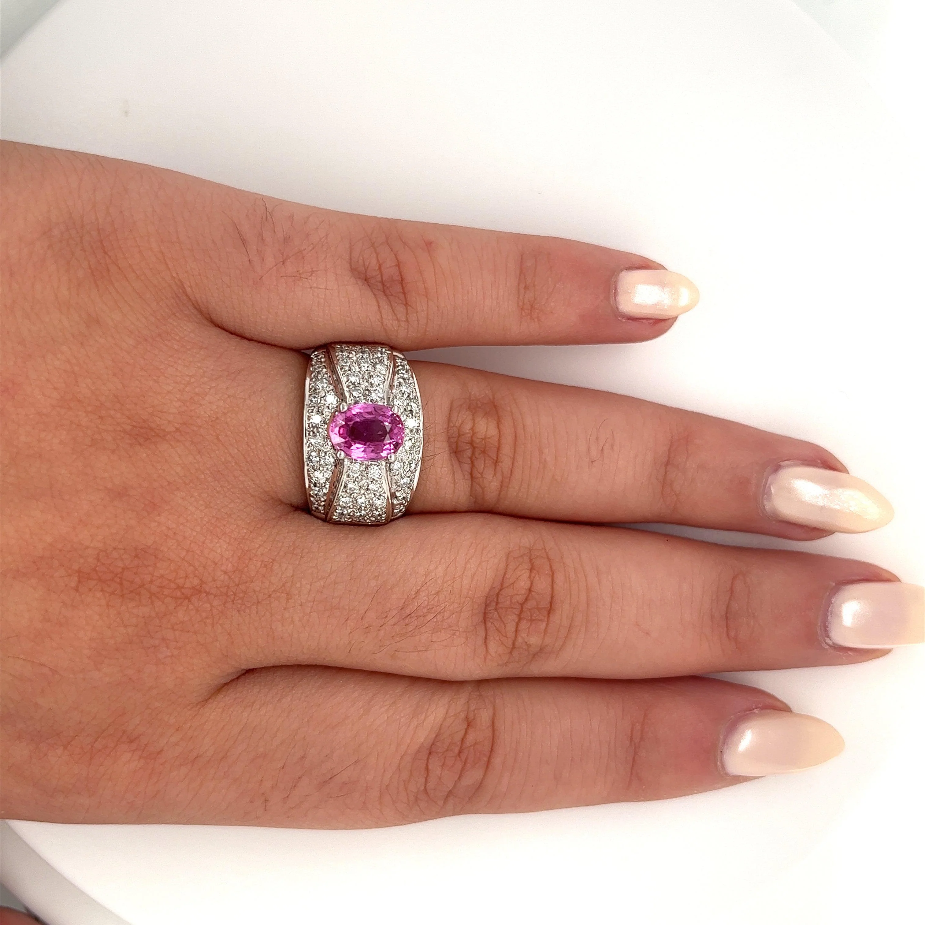 Natural 2 Carat Oval Cut Pink Sapphire with Diamond Cluster Dome Ring - Image 4