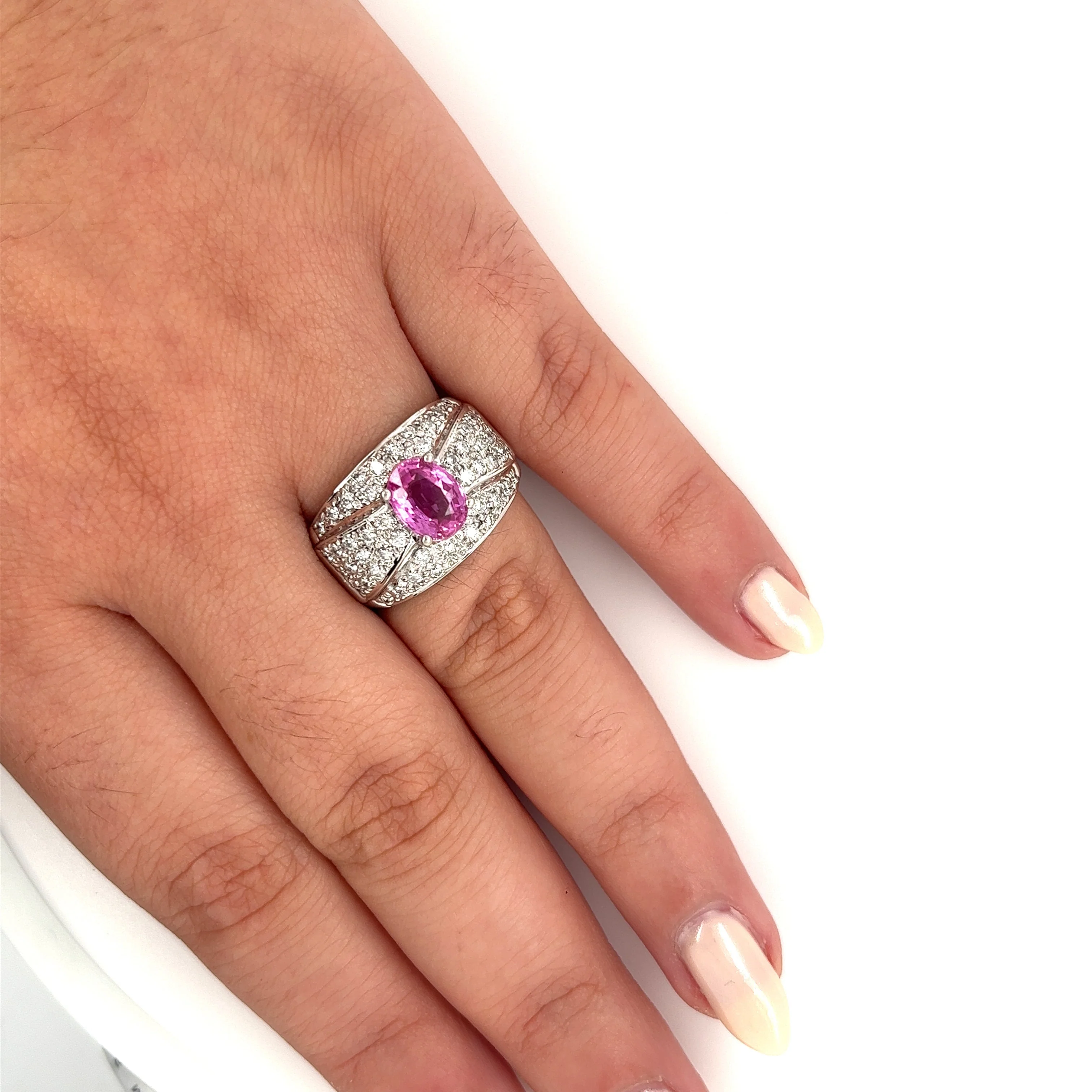 Natural 2 Carat Oval Cut Pink Sapphire with Diamond Cluster Dome Ring - Image 7