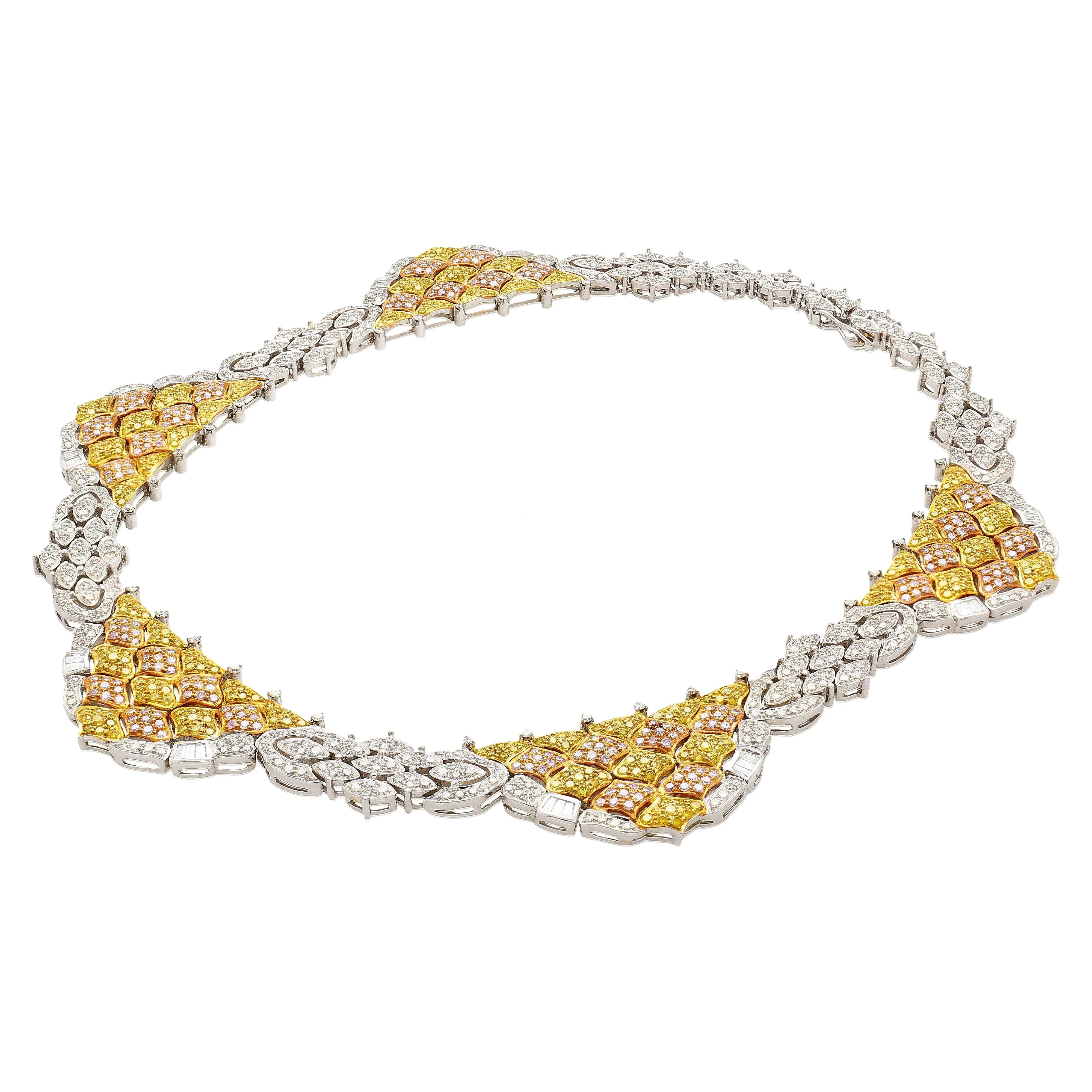 Natural 35 Carat Pink, White, & Yellow Diamond 18K Three Tone Necklace Choker - Image 3