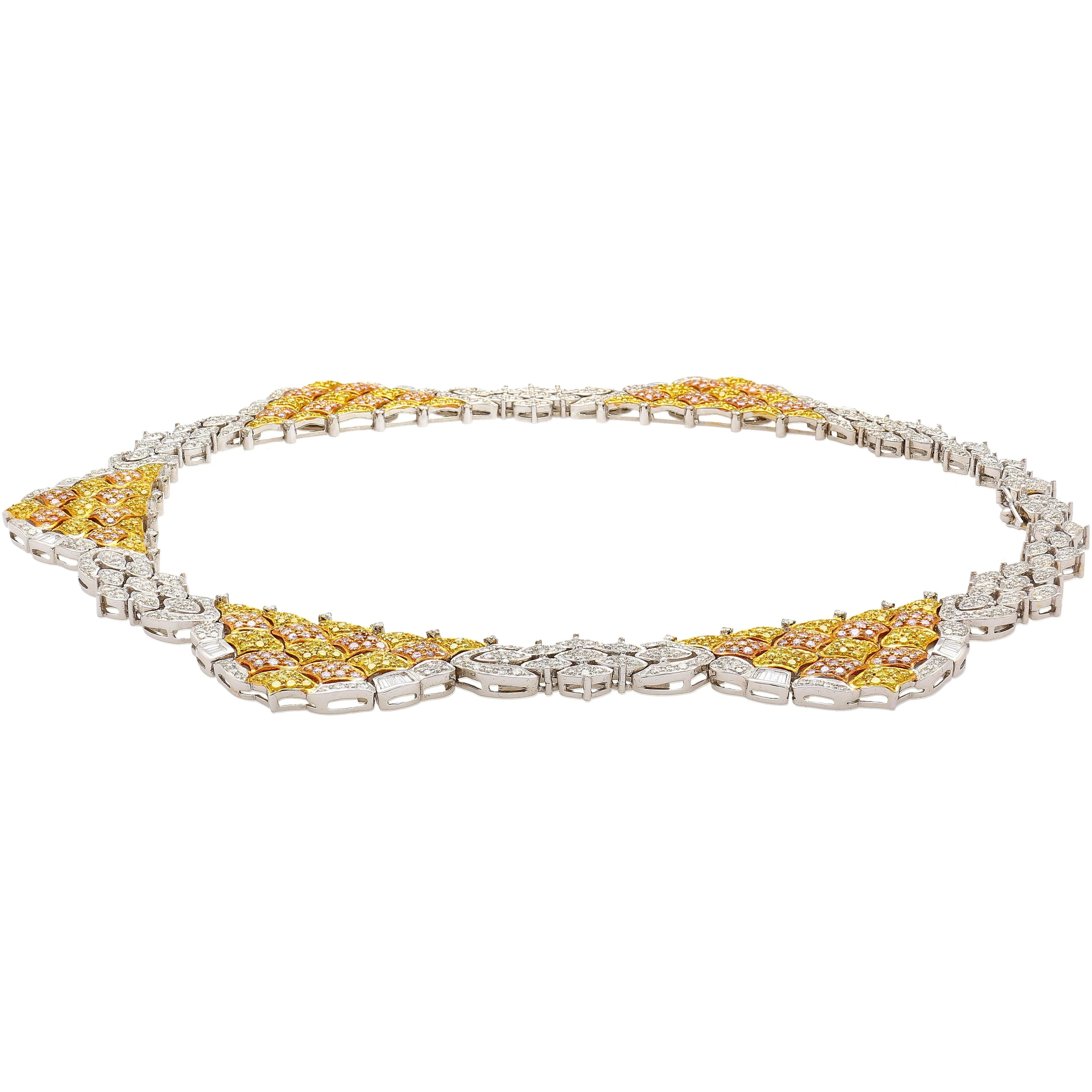 Natural 35 Carat Pink, White, & Yellow Diamond 18K Three Tone Necklace Choker - Image 4