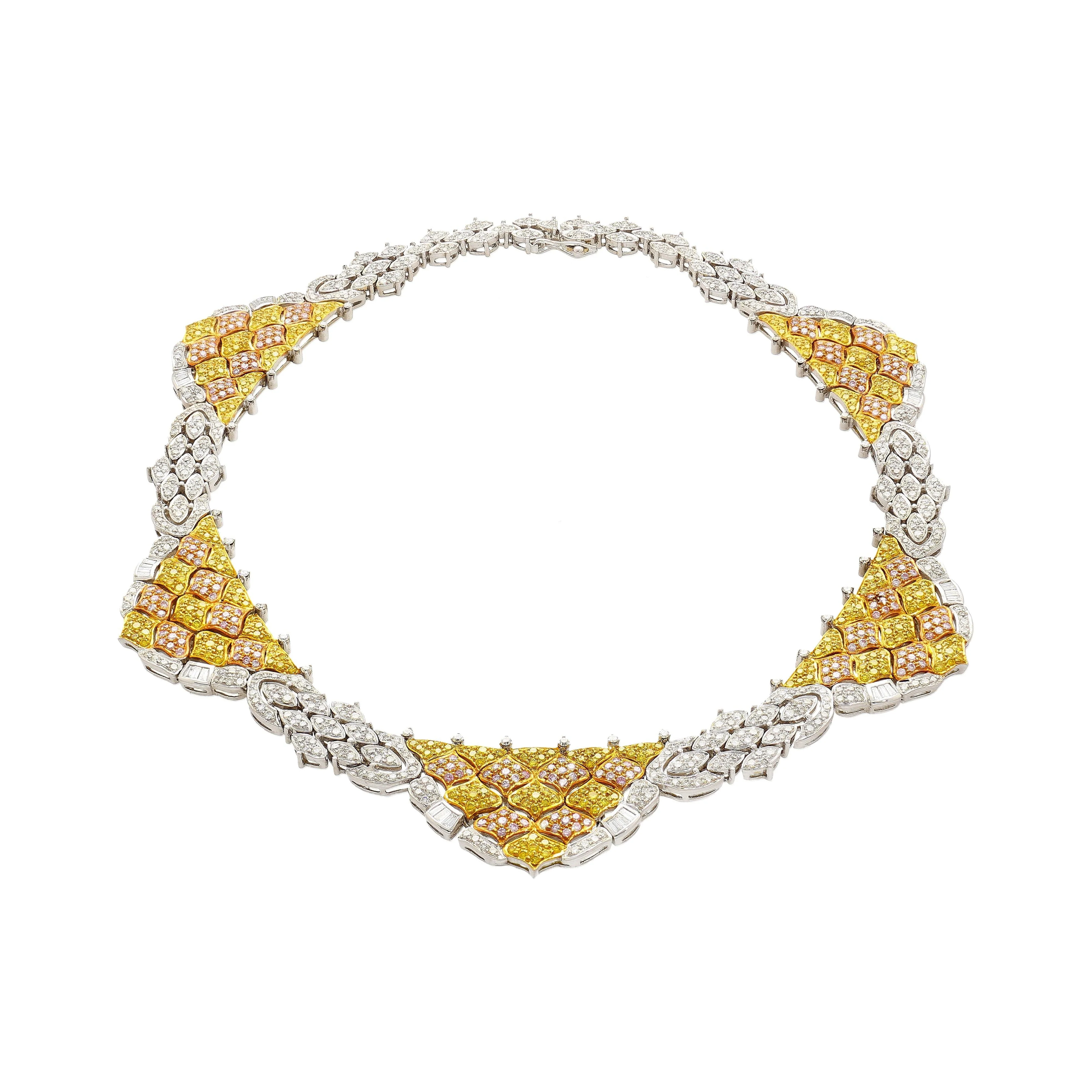 Natural 35 Carat Pink, White, & Yellow Diamond 18K Three Tone Necklace Choker - Image 5