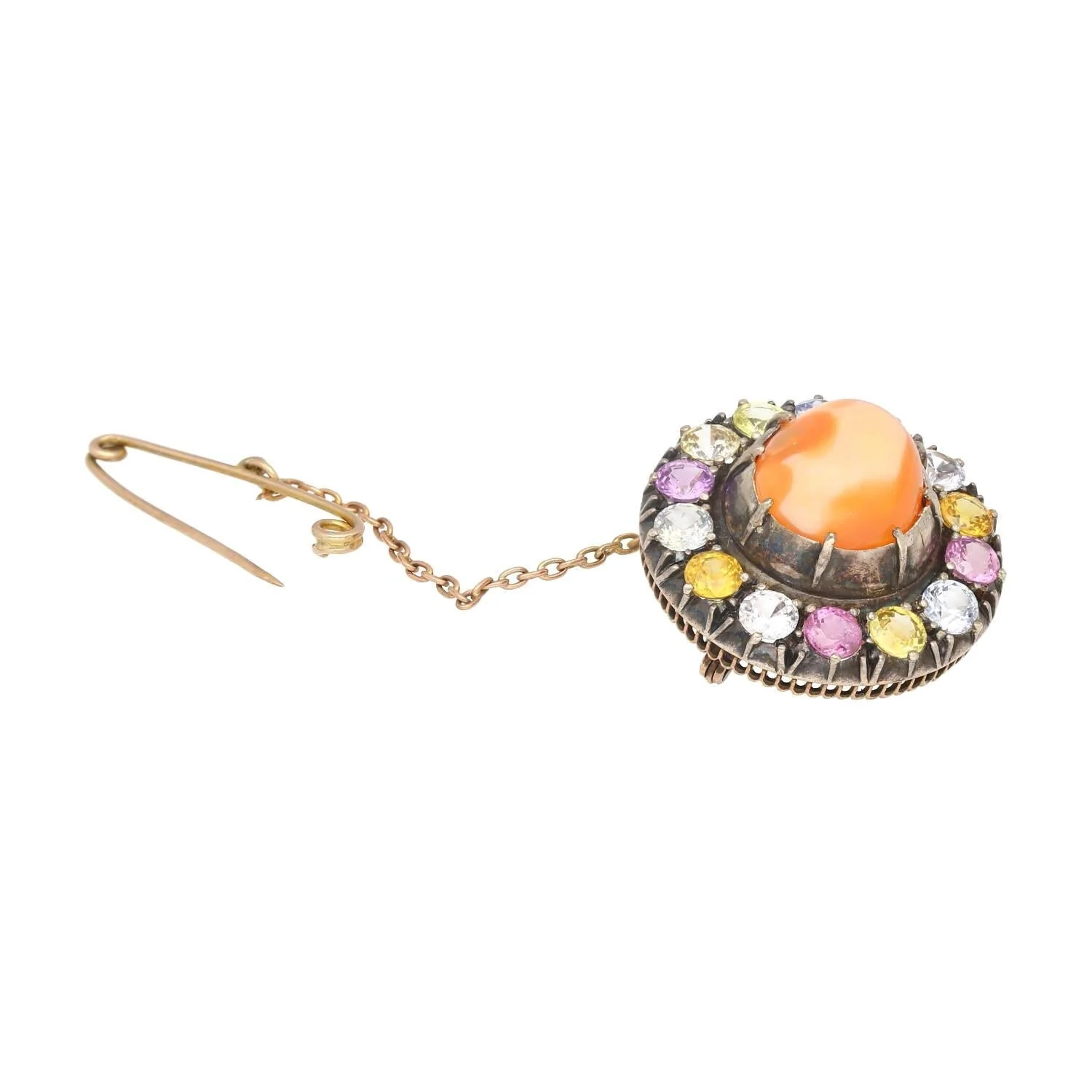 Natural 4.64 Carat Opal Pin with Multi Color Sapphire Detailing in Gold & Silver - Image 3