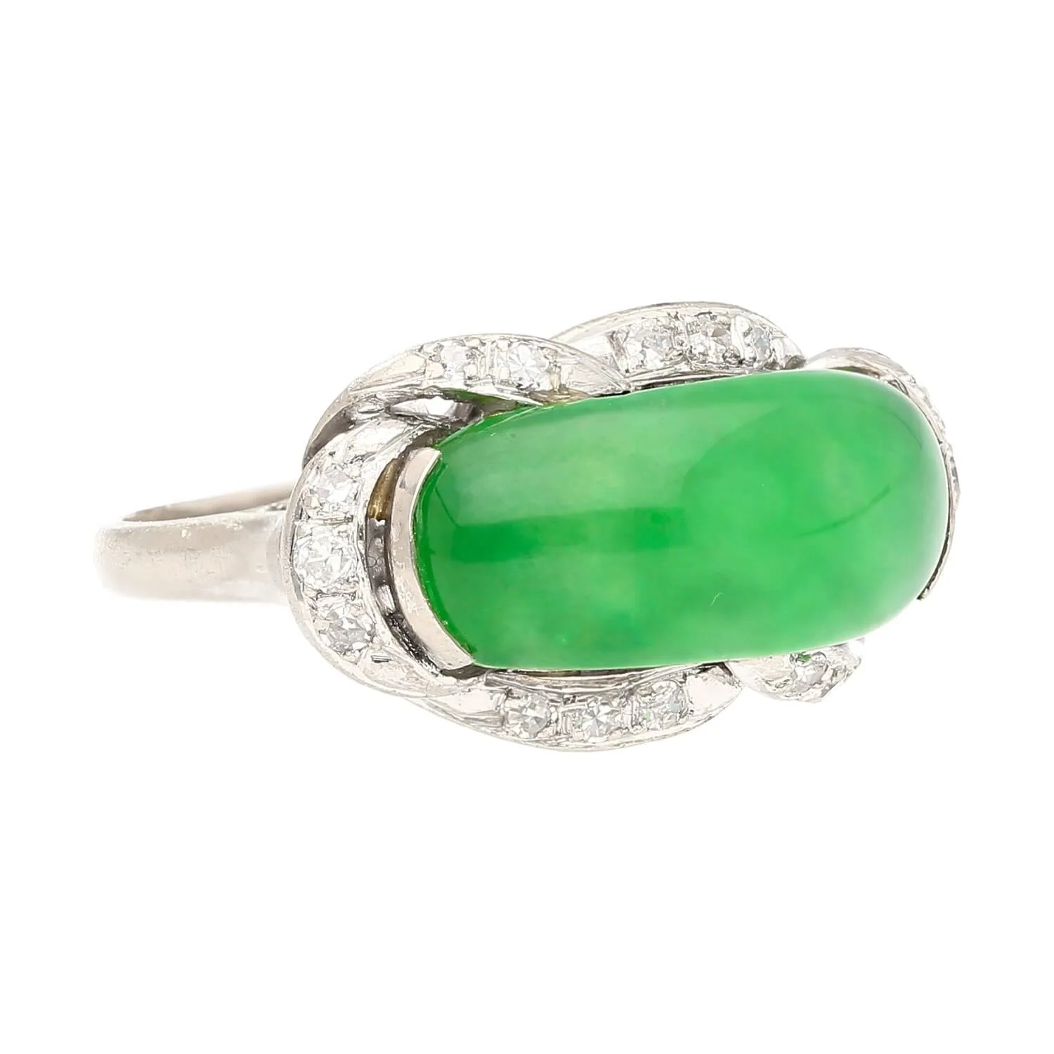 5.29 Carat Type A Jade & Diamond in Ornate Saddle-Top 18K White Gold Ring - Image 2
