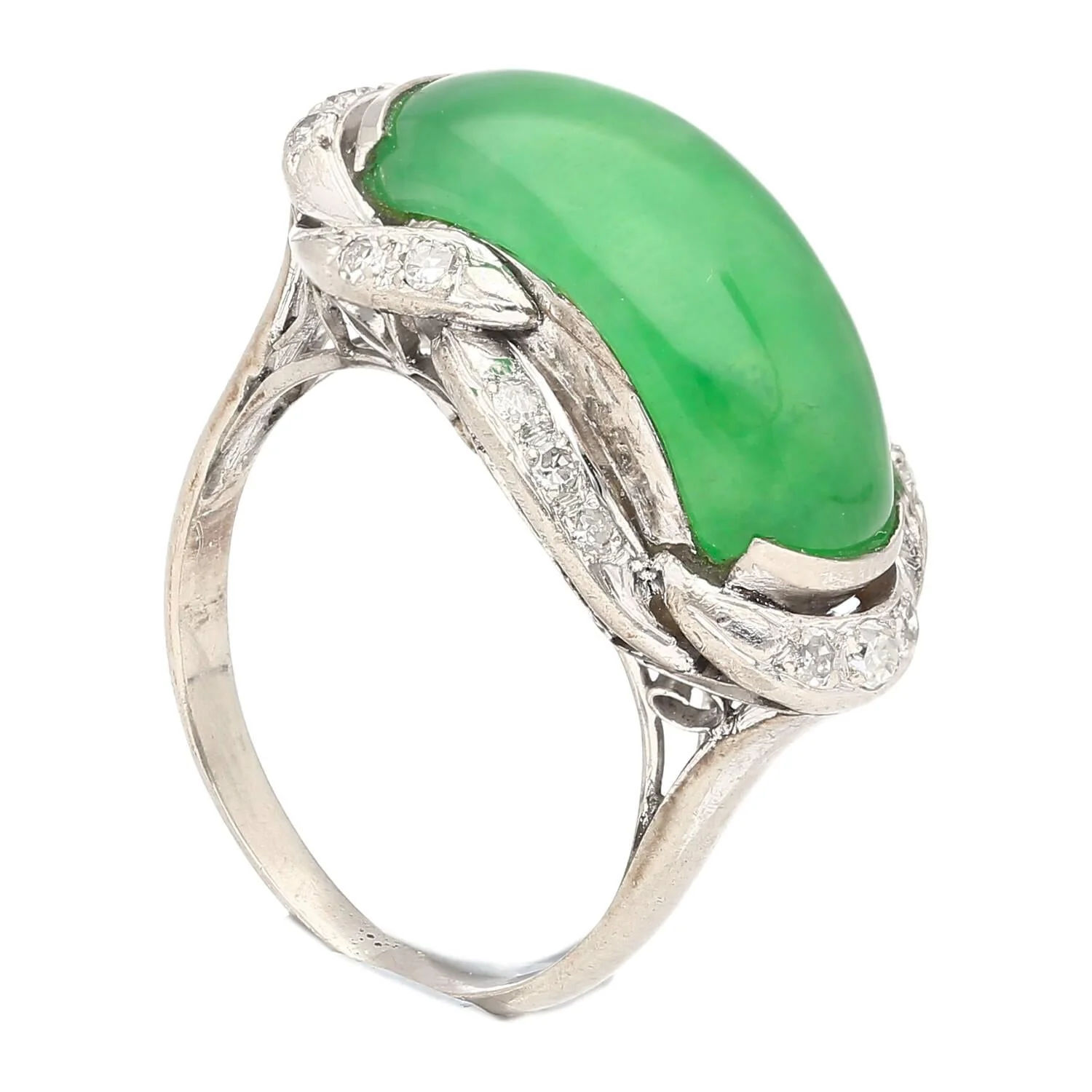 5.29 Carat Type A Jade & Diamond in Ornate Saddle-Top 18K White Gold Ring - Image 3