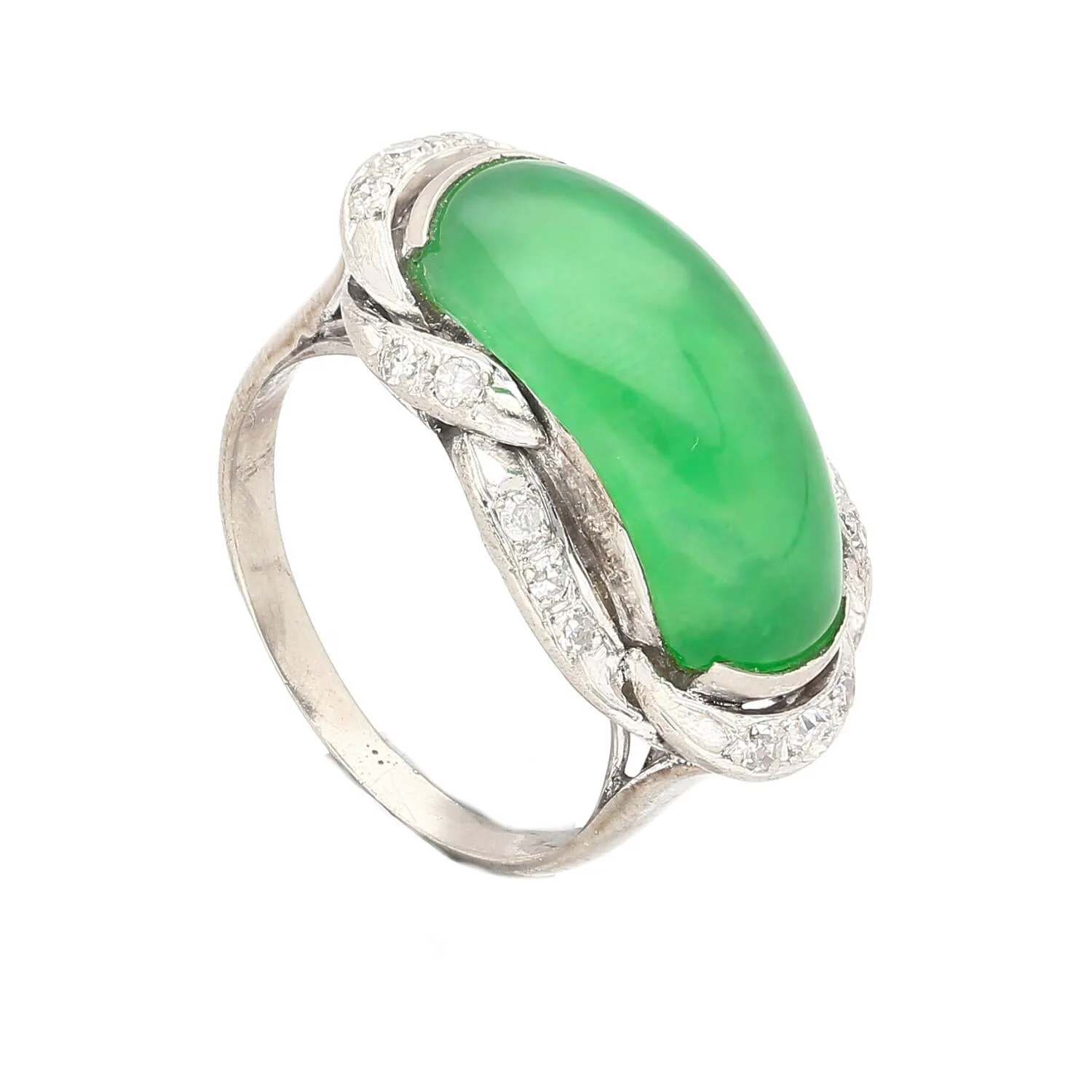 5.29 Carat Type A Jade & Diamond in Ornate Saddle-Top 18K White Gold Ring - Image 4
