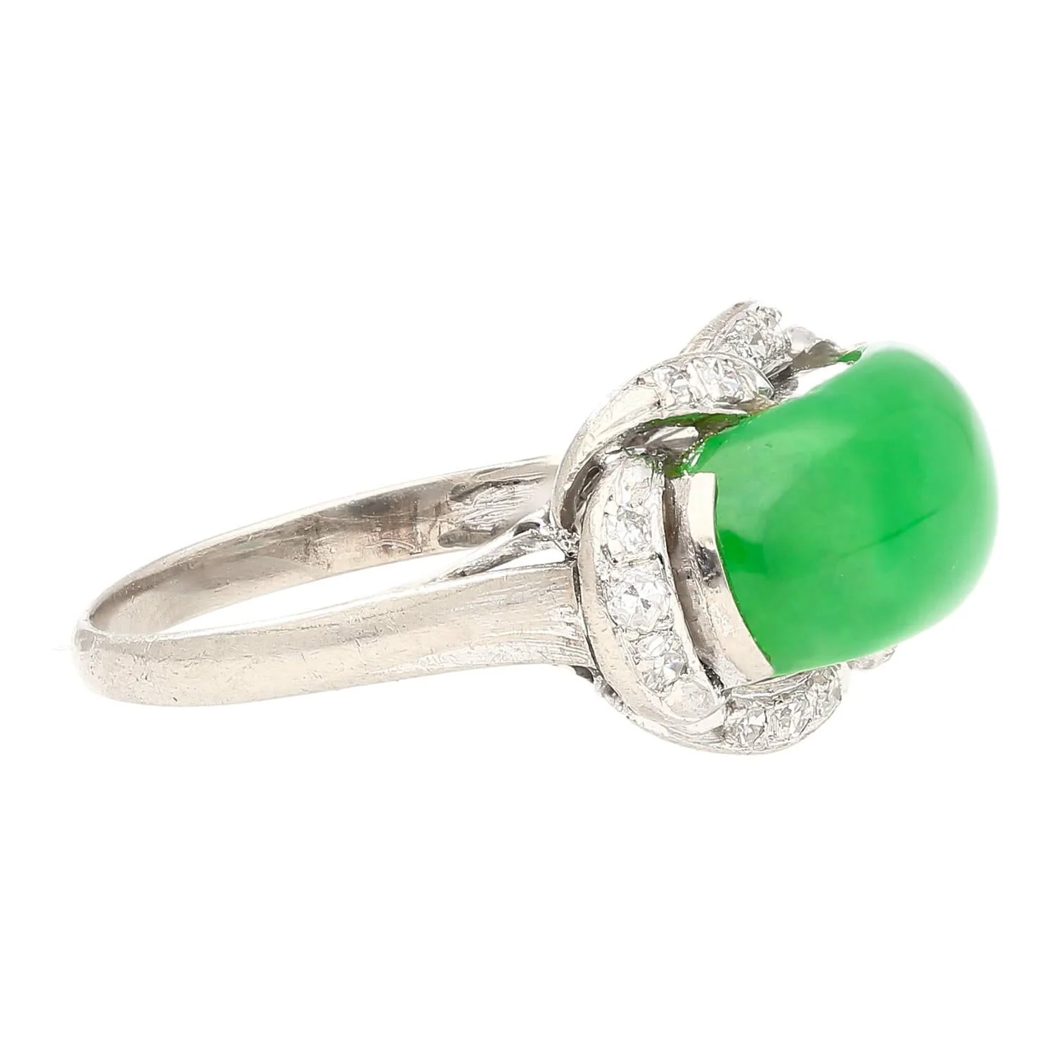 5.29 Carat Type A Jade & Diamond in Ornate Saddle-Top 18K White Gold Ring - Image 5