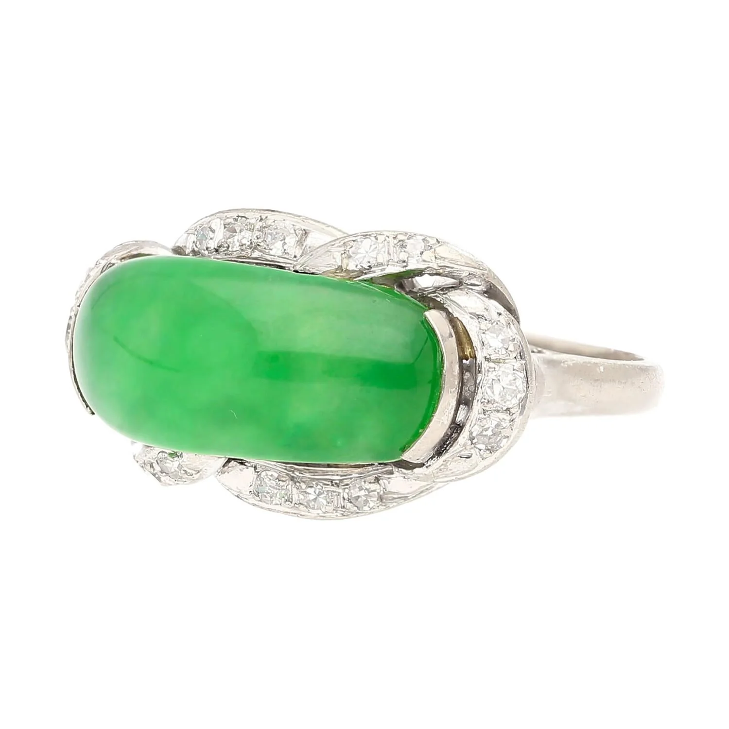 5.29 Carat Type A Jade & Diamond in Ornate Saddle-Top 18K White Gold Ring - Image 8