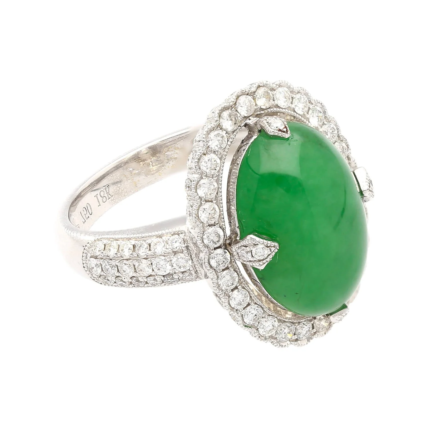 Vintage 7.29 Carat Jadeite Jade "A" Ring with Round Cut Diamond Halo & 18K Milgrain Finish - Image 8