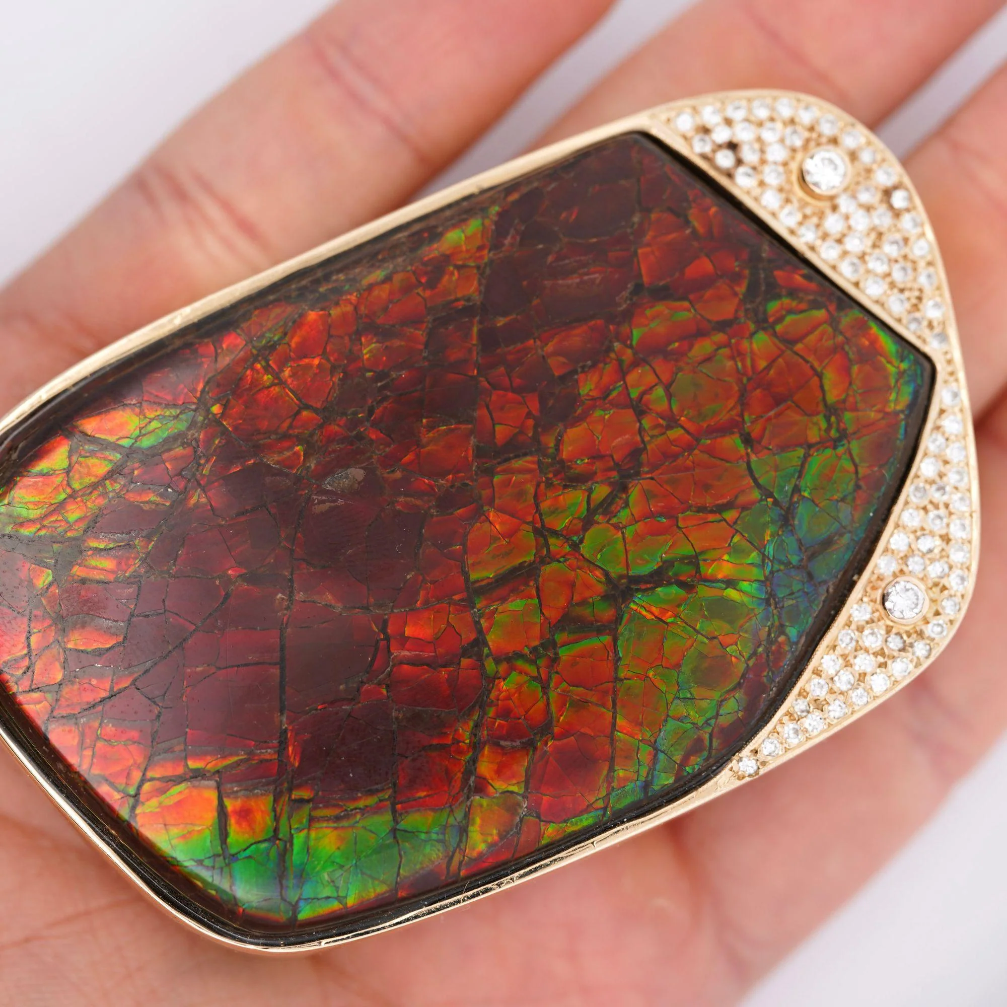 Natural Ammolite and Diamond Pave 14K Gold Brooch Pin - Image 2