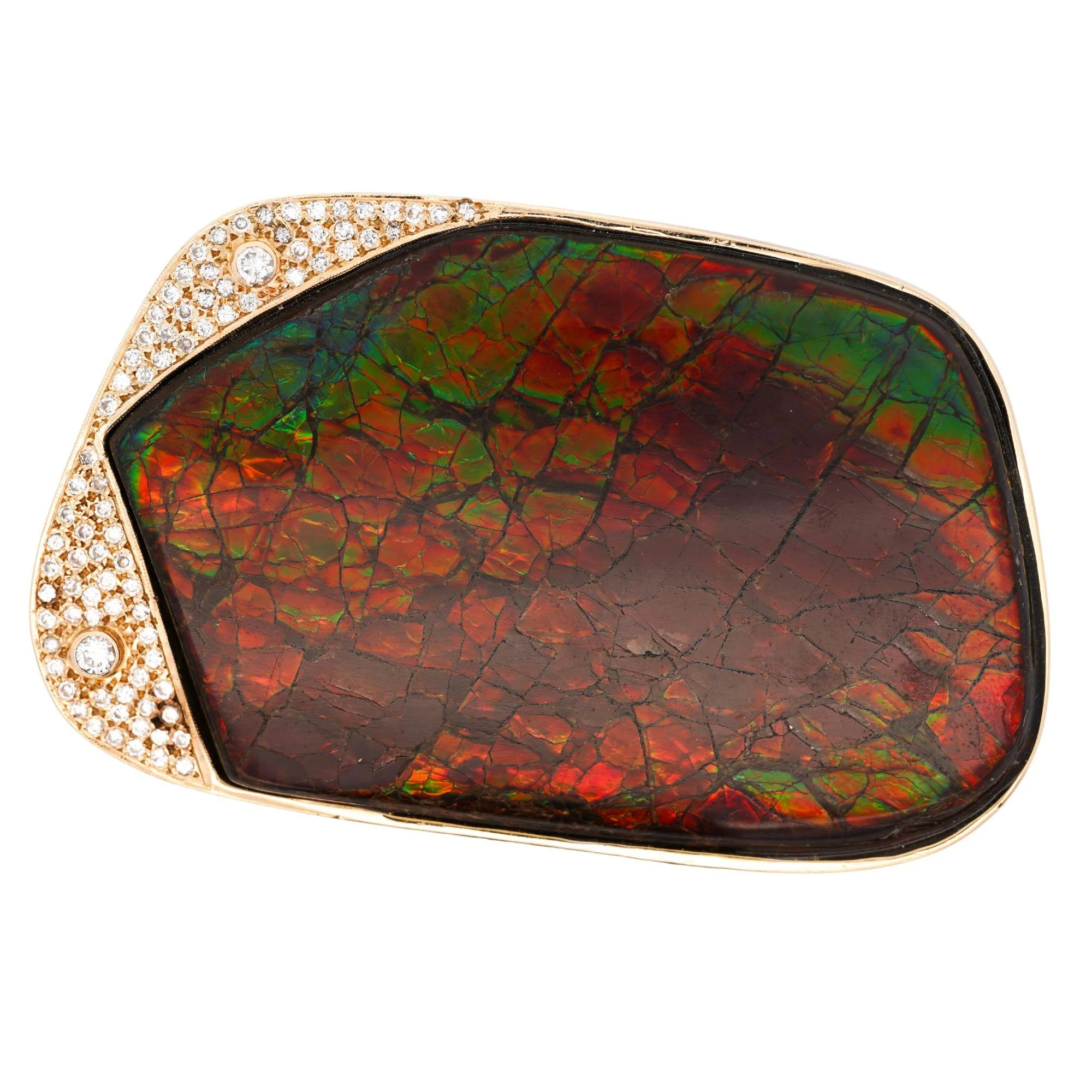 Natural Ammolite and Diamond Pave 14K Gold Brooch Pin - Image 3
