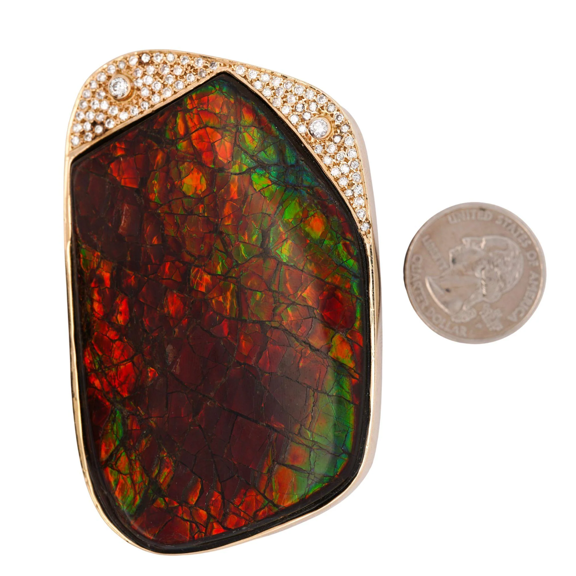 Natural Ammolite and Diamond Pave 14K Gold Brooch Pin - Image 6